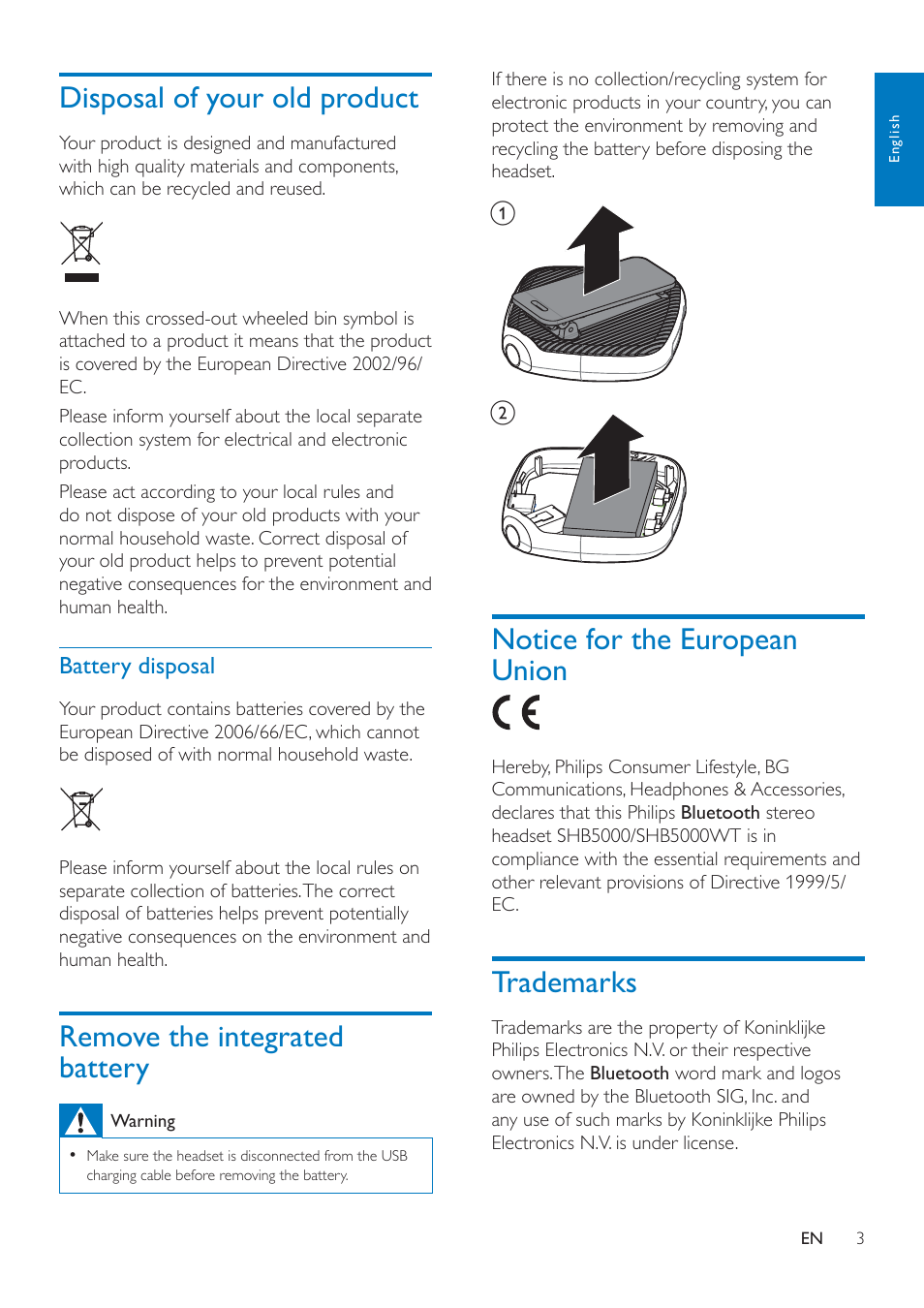 Disposal of your old product, Battery disposal, Remove the integrated battery | Notice for the european union, Trademarks, Trademarks 3 | Philips SHB5000WT-00 User Manual | Page 5 / 14