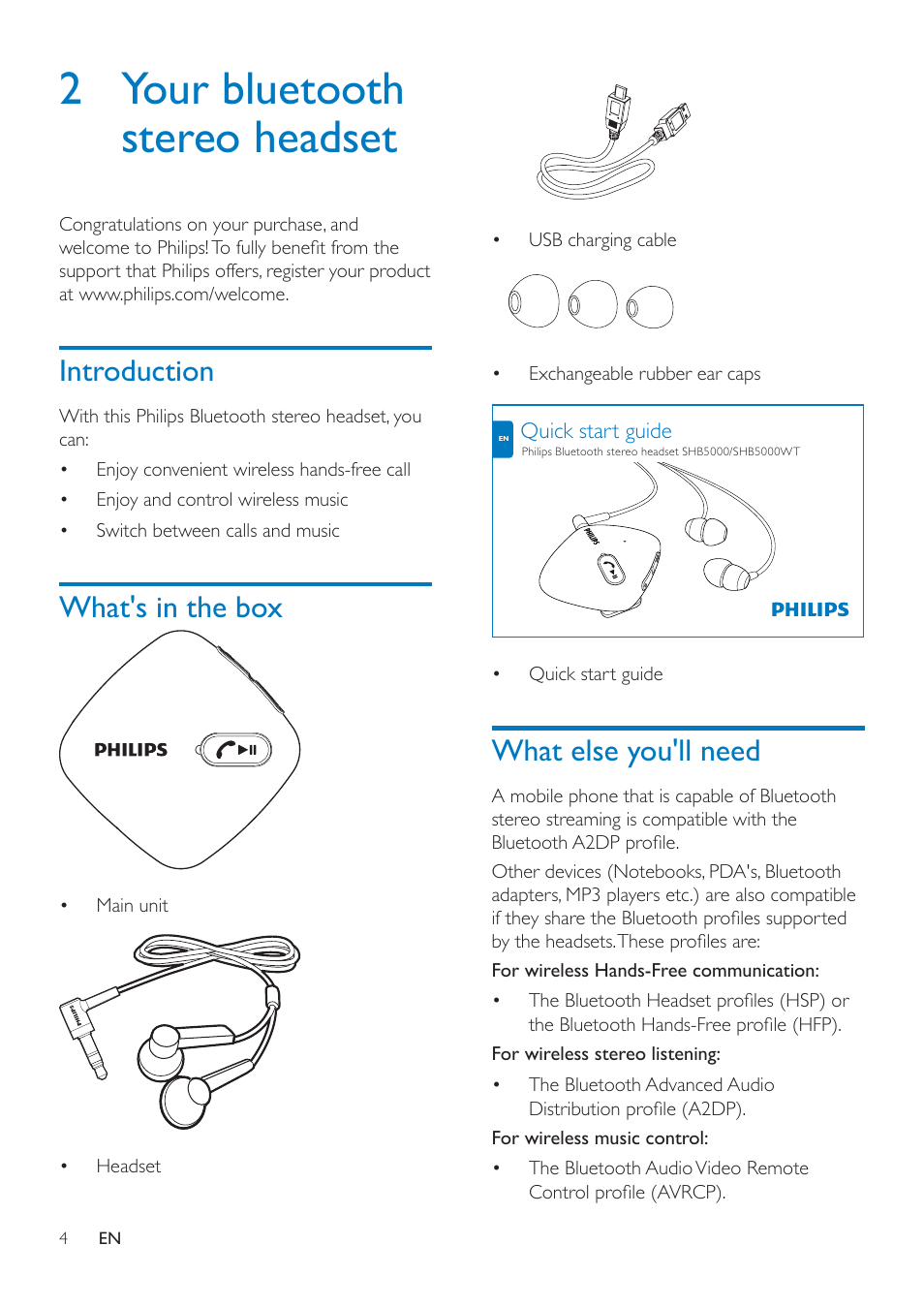 2 your bluetooth stereo headset, Introduction, What's in the box | What else you'll need, Introduction 4 | Philips SHB5000WT-00 User Manual | Page 6 / 14