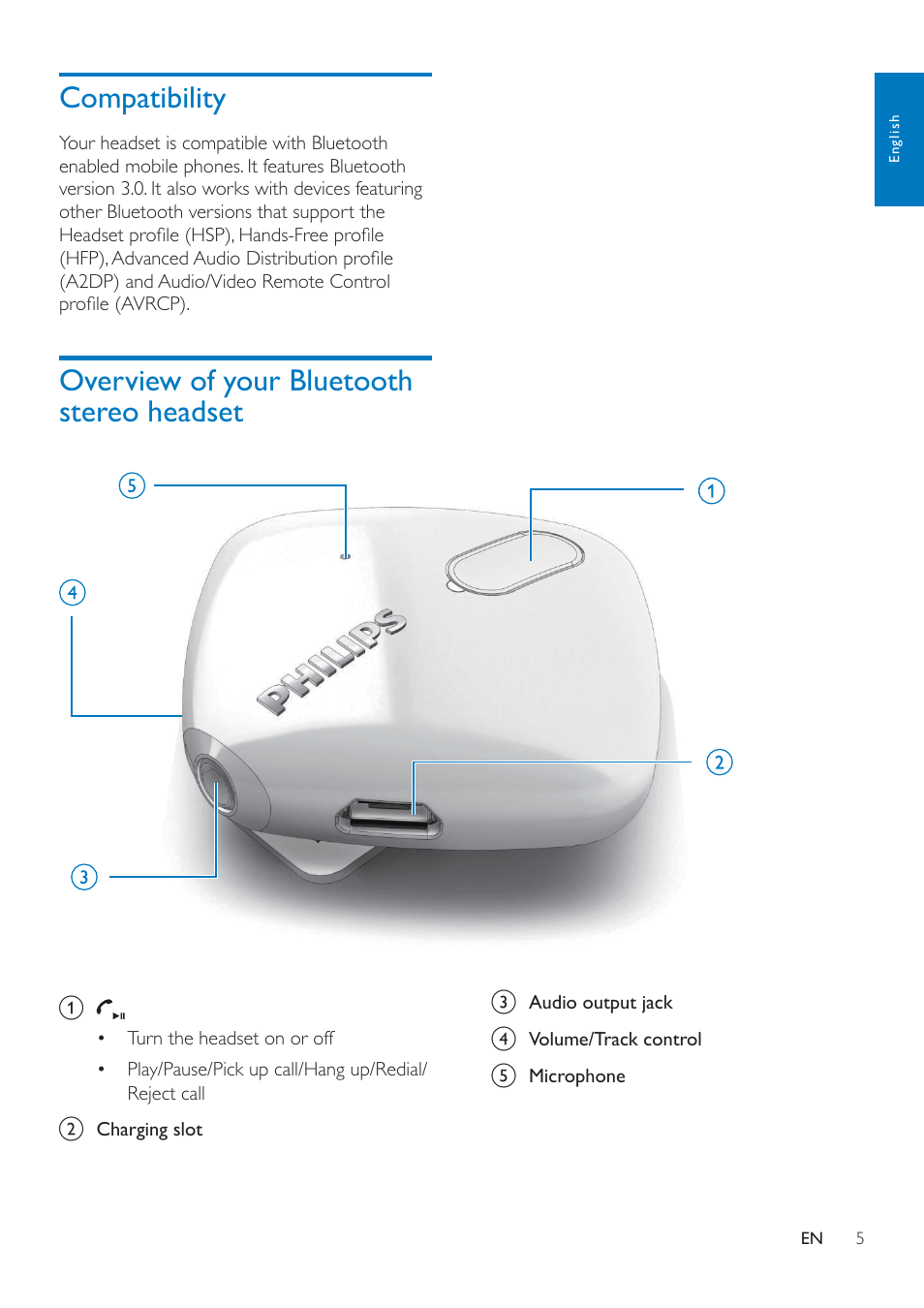 Compatibility, Overview of your bluetooth stereo headset, Compatibility 5 | Overview of your bluetooth stereo, Headset 5 | Philips SHB5000WT-00 User Manual | Page 7 / 14