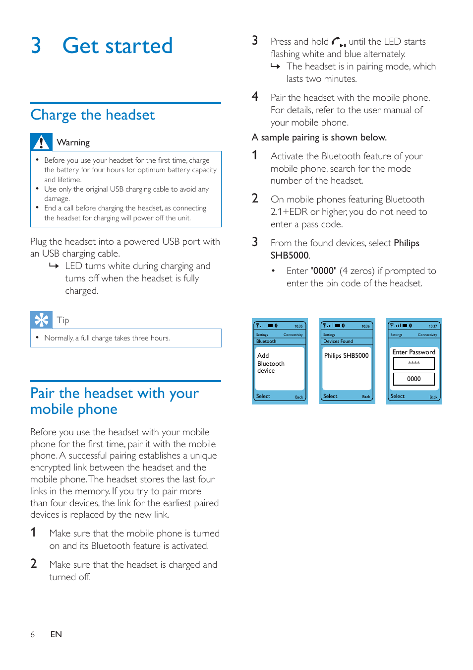 3 get started, Charge the headset, Pair the headset with your mobile phone | Pair the headset with your mobile phone 6 | Philips SHB5000WT-00 User Manual | Page 8 / 14