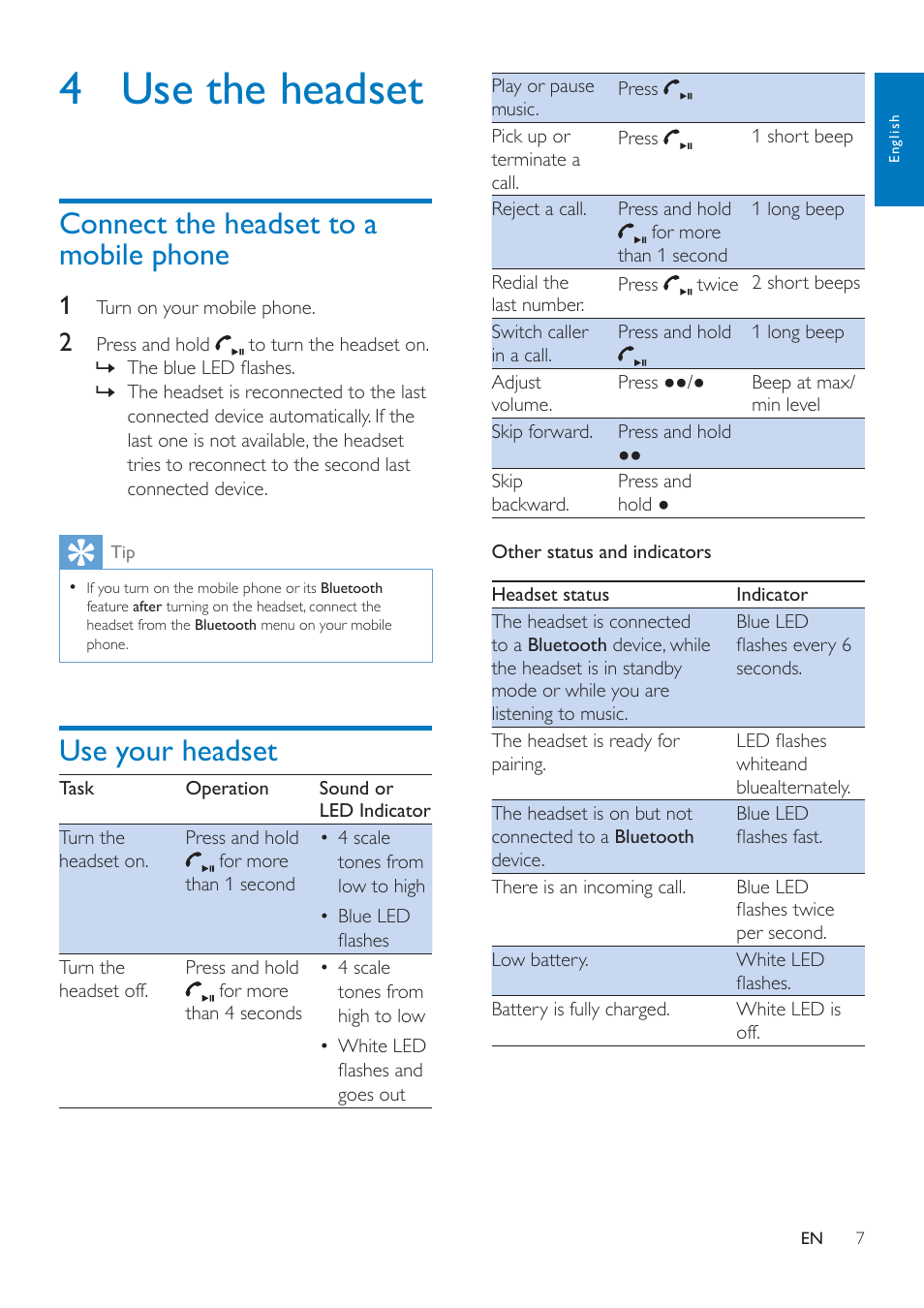 4 use the headset, Connect the headset to a mobile phone, Use your headset | Connect the headset to a mobile phone 7 | Philips SHB5000WT-00 User Manual | Page 9 / 14