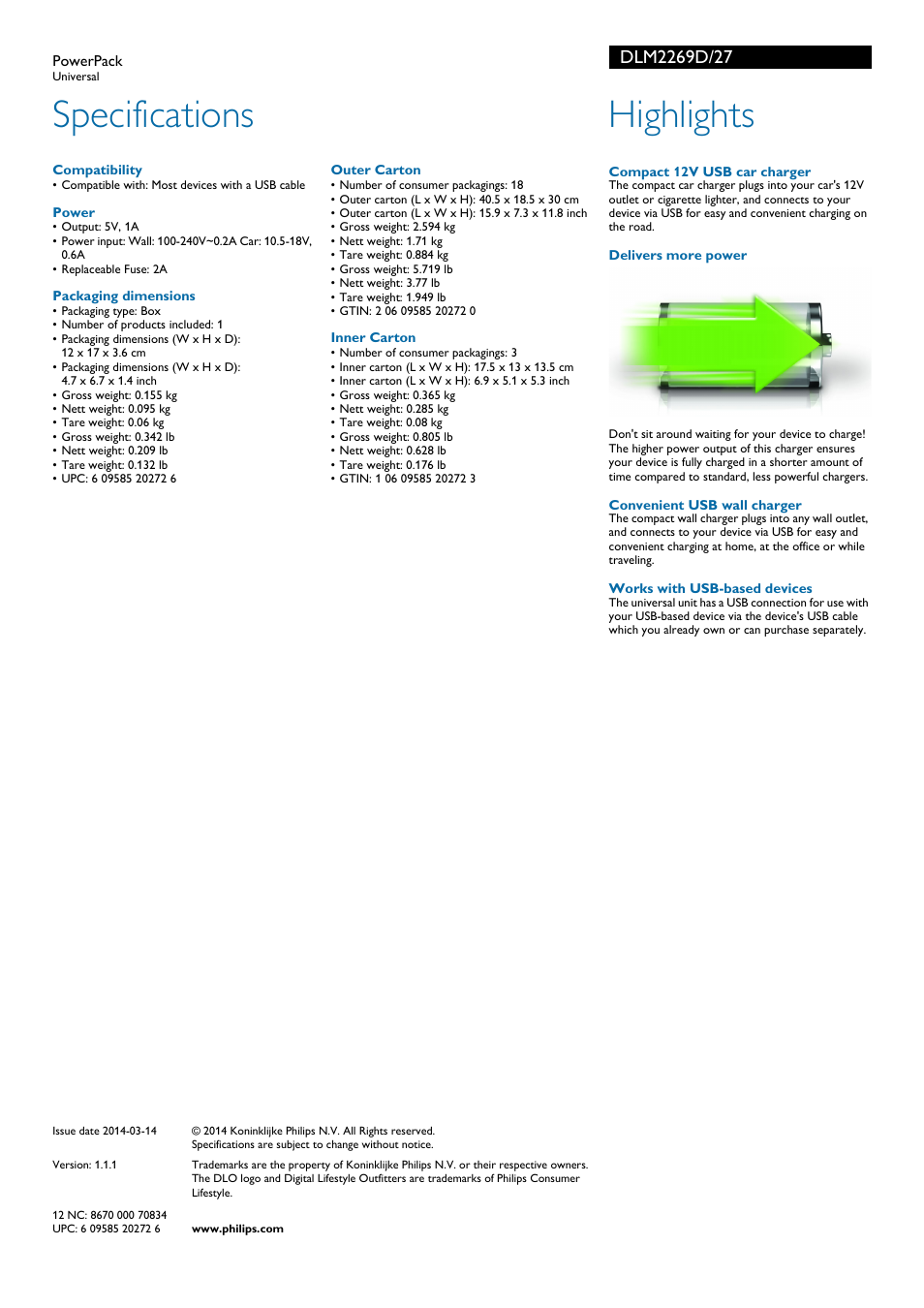 Specifications, Highlights | Philips DLM2269D-27 User Manual | Page 2 / 2