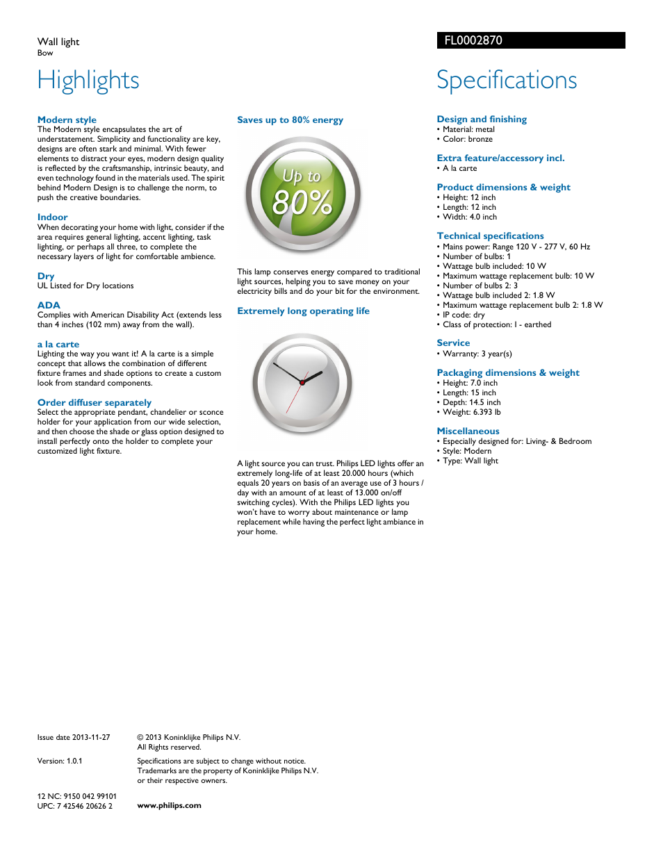 Highlights, Specifications | Philips FL0002870 User Manual | Page 2 / 2