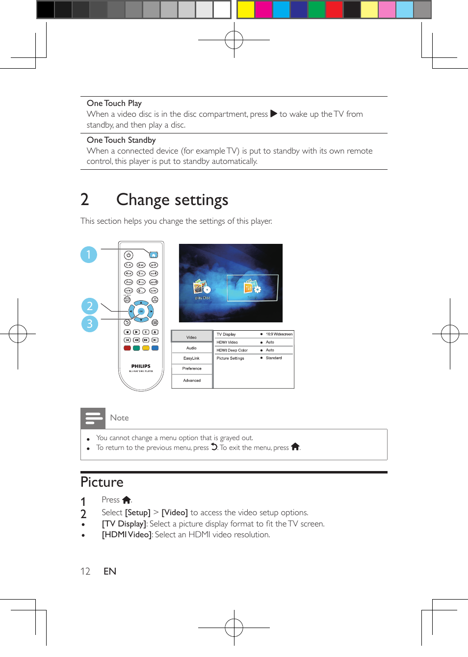 2 change settings, Picture | Philips Blu-ray Disc- DVD player BDP1200 User Manual | Page 12 / 22
