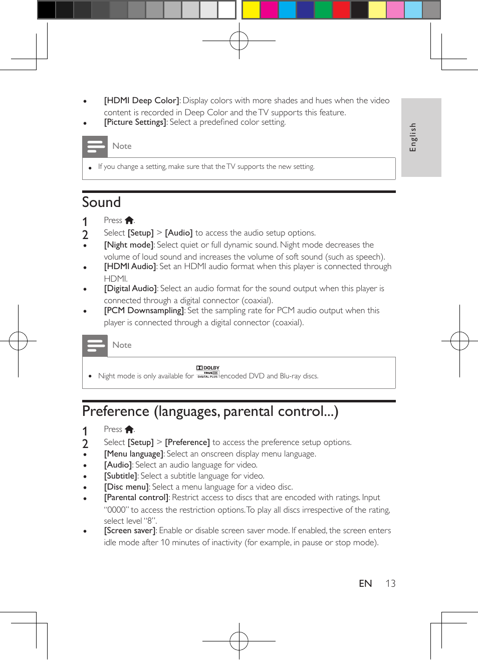 Sound, Preference (languages, parental control...) | Philips Blu-ray Disc- DVD player BDP1200 User Manual | Page 13 / 22