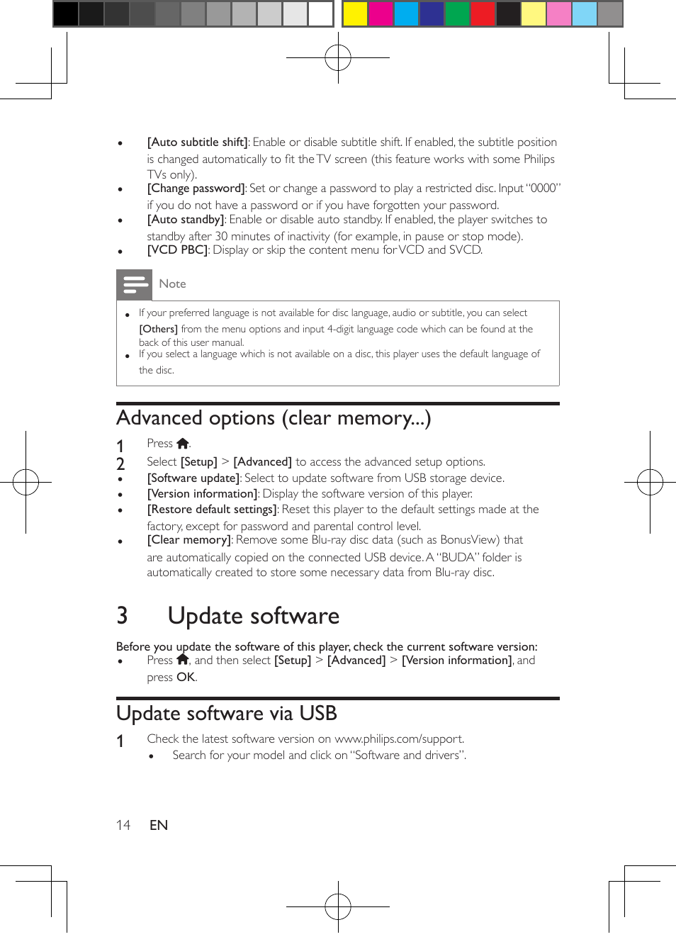 Advanced options (clear memory...), 3 update software, Update software via usb | Philips Blu-ray Disc- DVD player BDP1200 User Manual | Page 14 / 22