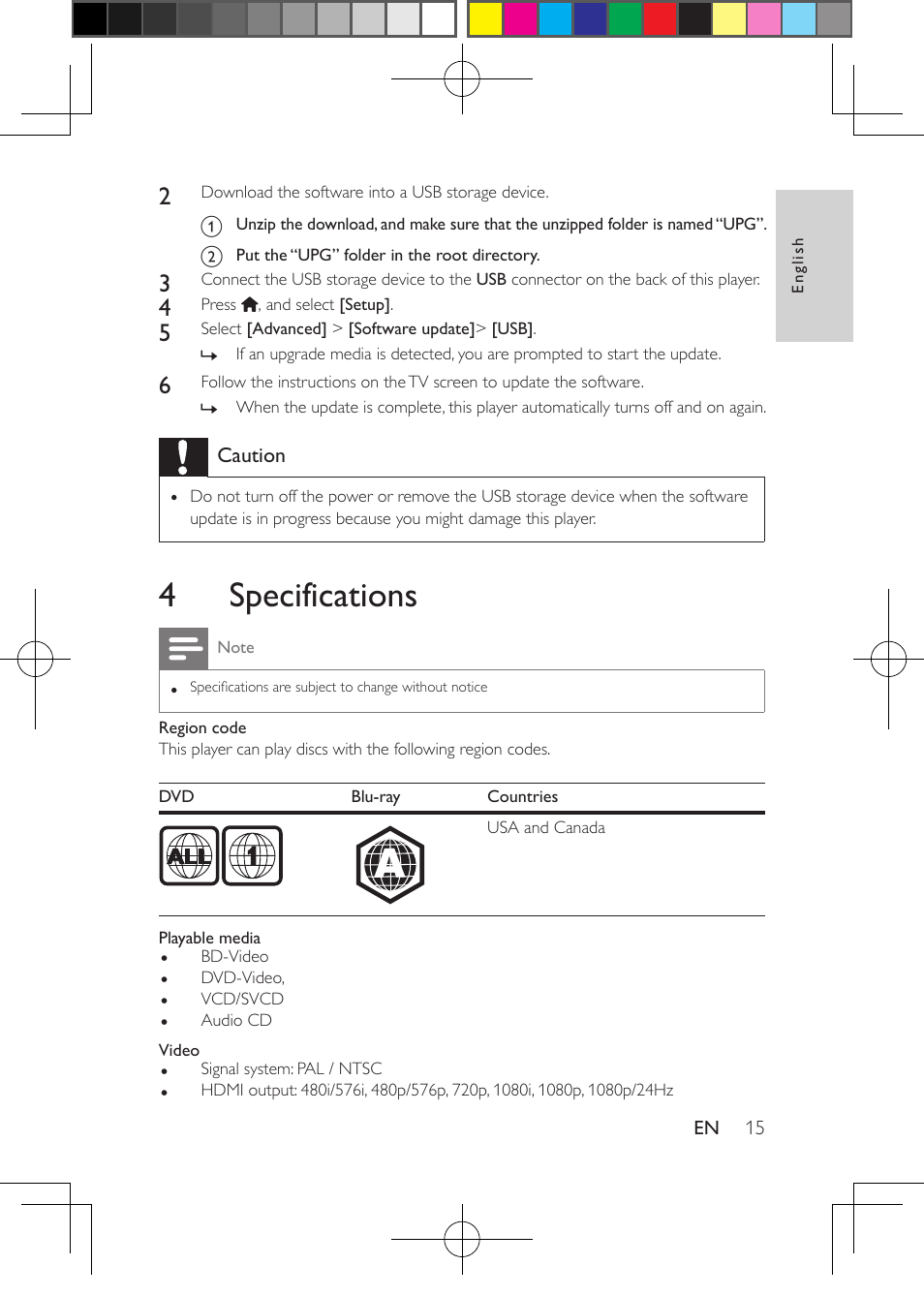4 specifications | Philips Blu-ray Disc- DVD player BDP1200 User Manual | Page 15 / 22