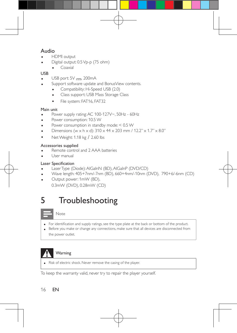 5 troubleshooting | Philips Blu-ray Disc- DVD player BDP1200 User Manual | Page 16 / 22