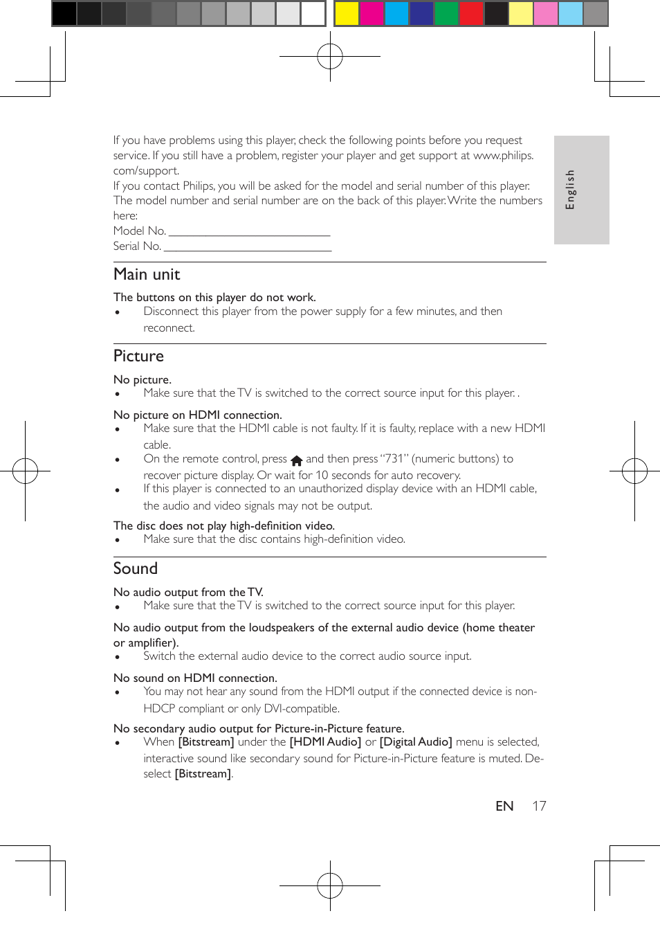 Main unit, Picture, Sound | Philips Blu-ray Disc- DVD player BDP1200 User Manual | Page 17 / 22