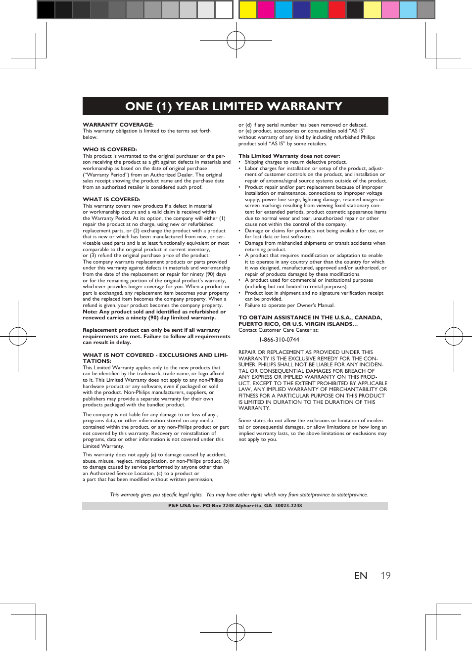 One (1) year limited warranty | Philips Blu-ray Disc- DVD player BDP1200 User Manual | Page 19 / 22