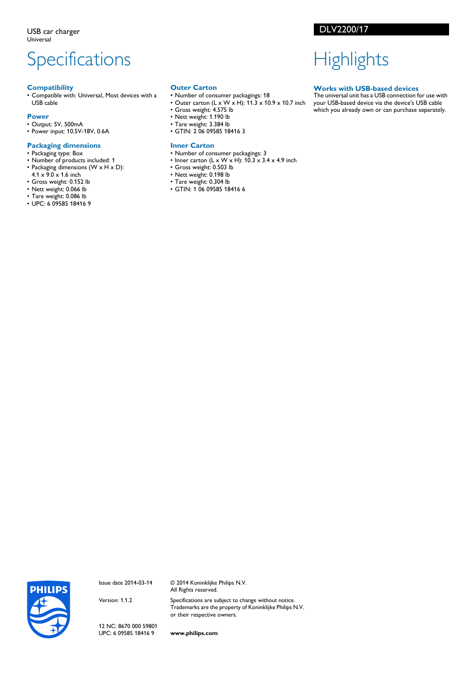 Specifications, Highlights | Philips DLV2200-17 User Manual | Page 2 / 2