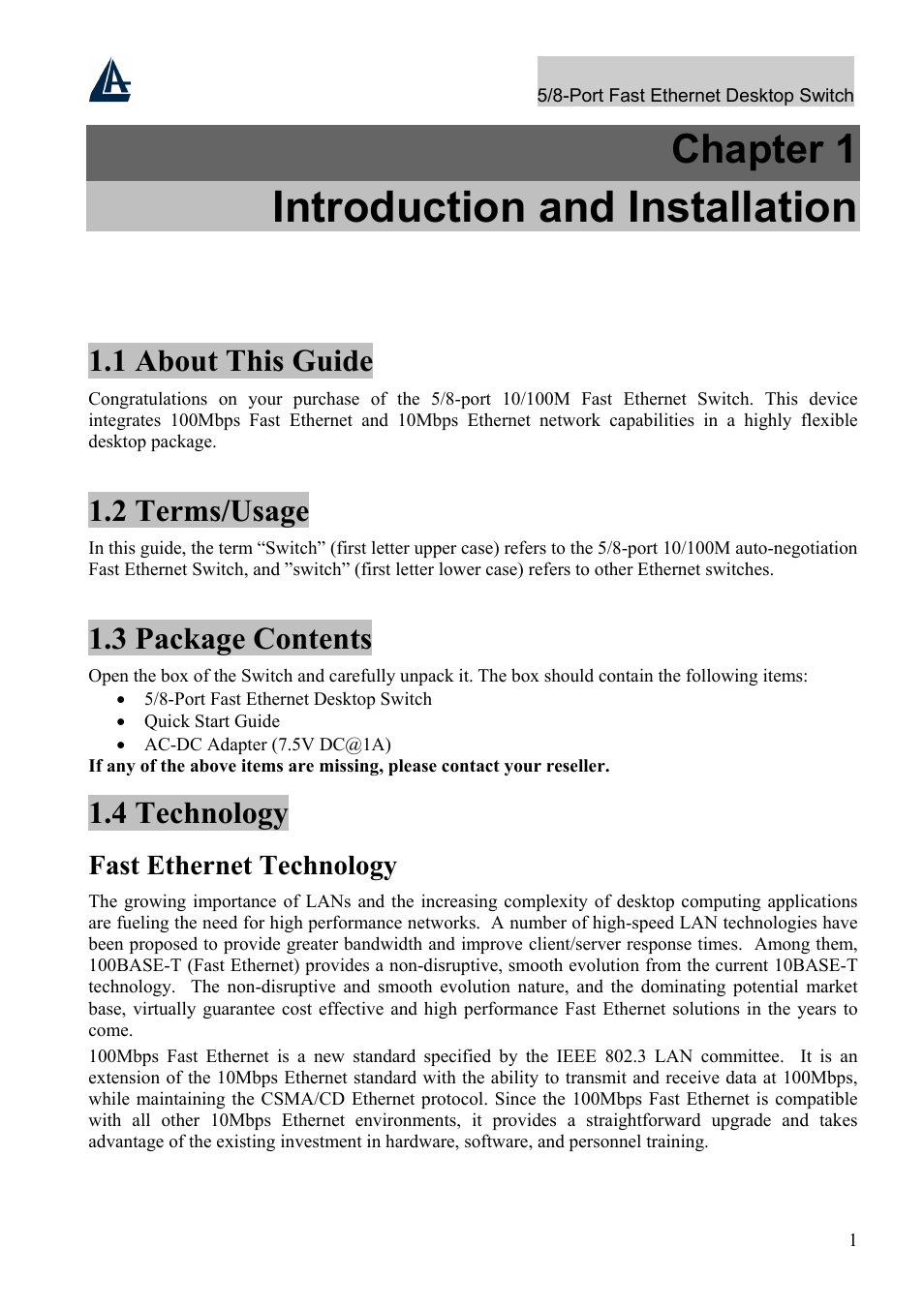 Introduction and installation, Chapter 1, 1 about this guide | 2 terms/usage, 3 package contents, 4 technology | Atlantis Land A02-F5P User Manual | Page 5 / 12