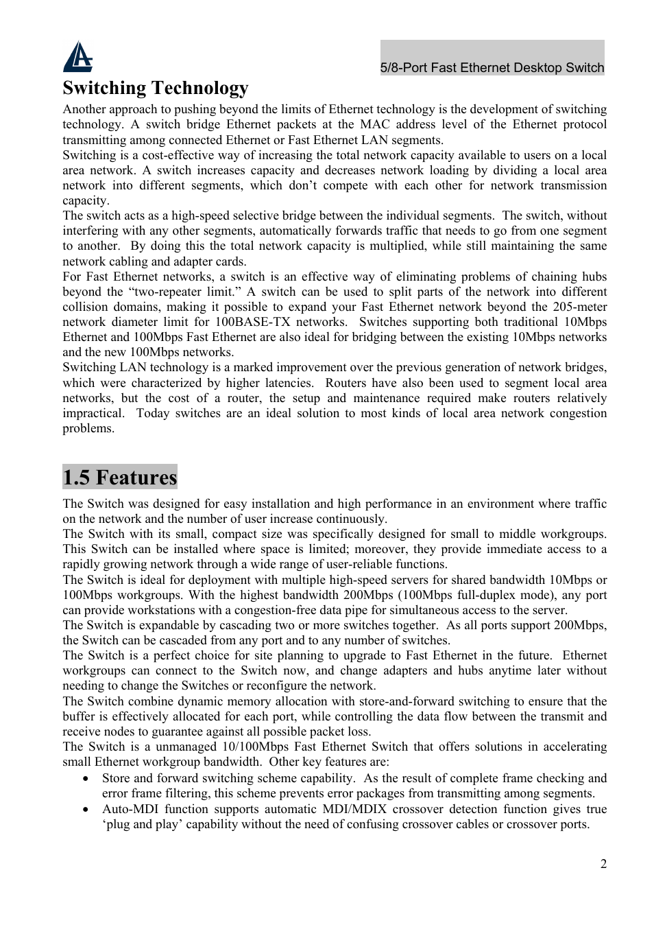 5 features, Switching technology | Atlantis Land A02-F5P User Manual | Page 6 / 12