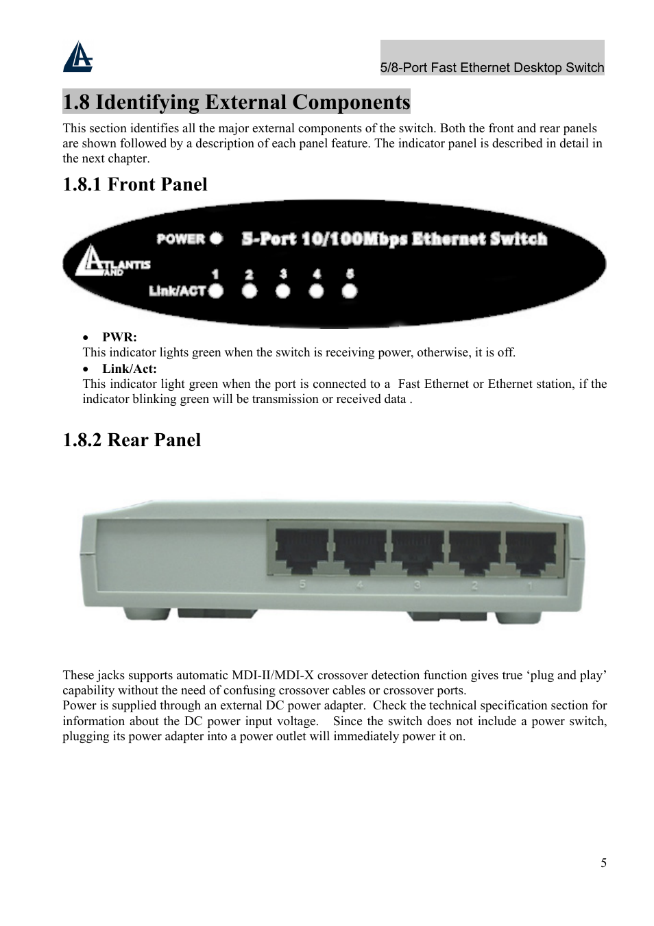 8 identifying external components, 1 front panel, 2 rear panel | Atlantis Land A02-F5P User Manual | Page 9 / 12