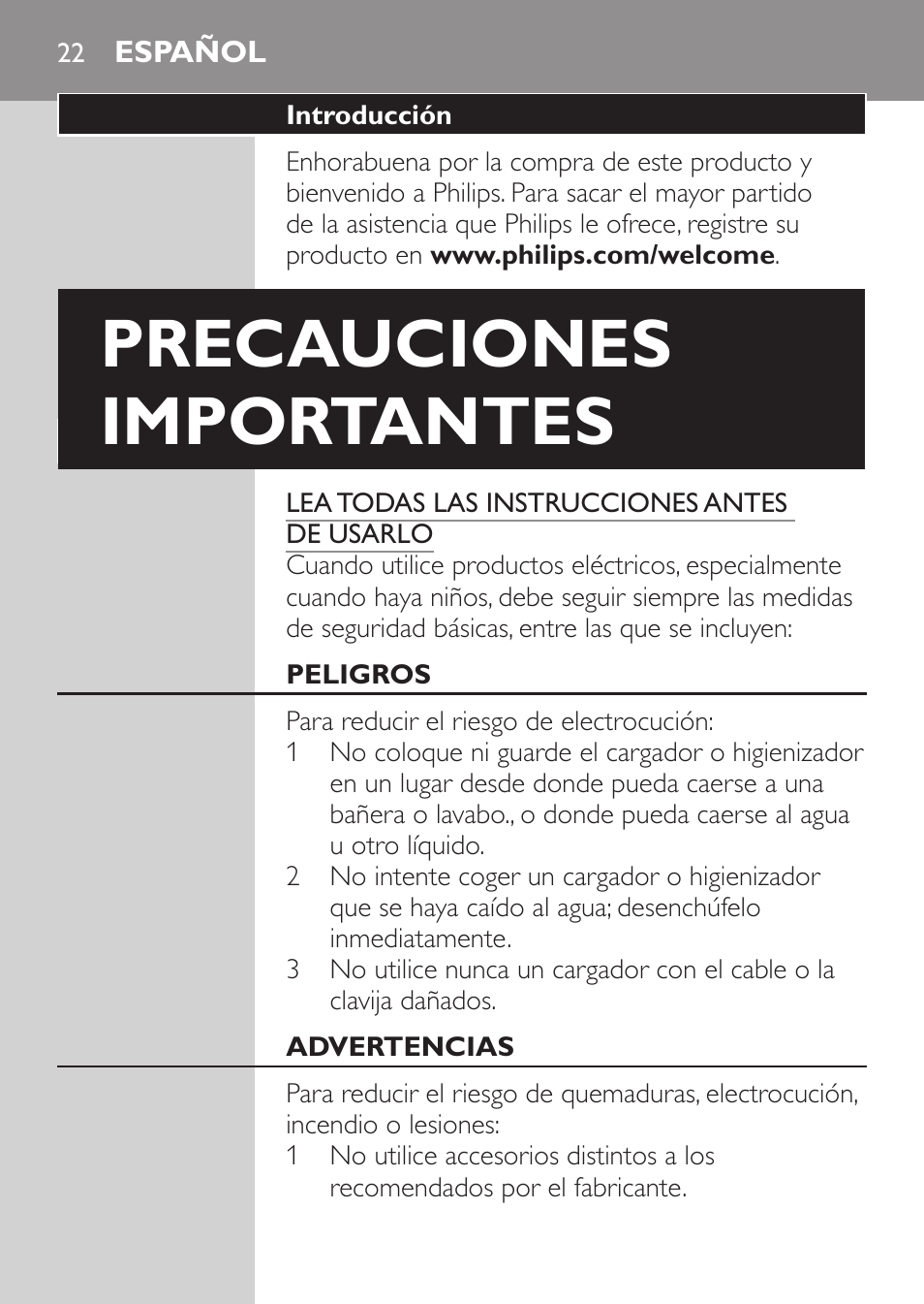 Español, Precauciones importantes | Philips Sonicare FlexCare Platinum Rechargeable sonic toothbrush FlexCare Platinum HX9170-10 3 modes 3 intensities 2 brush heads With pressure sensor UV Brush Head Sanitizer User Manual | Page 22 / 60