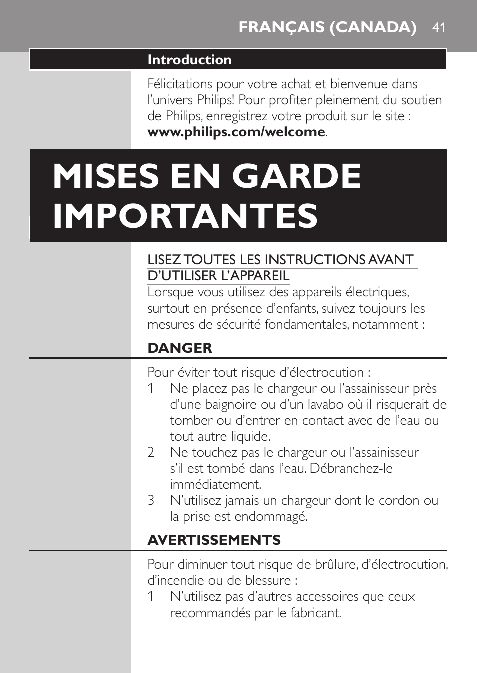 Français (canada), Mises en garde importantes | Philips Sonicare FlexCare Platinum Rechargeable sonic toothbrush FlexCare Platinum HX9170-10 3 modes 3 intensities 2 brush heads With pressure sensor UV Brush Head Sanitizer User Manual | Page 41 / 60