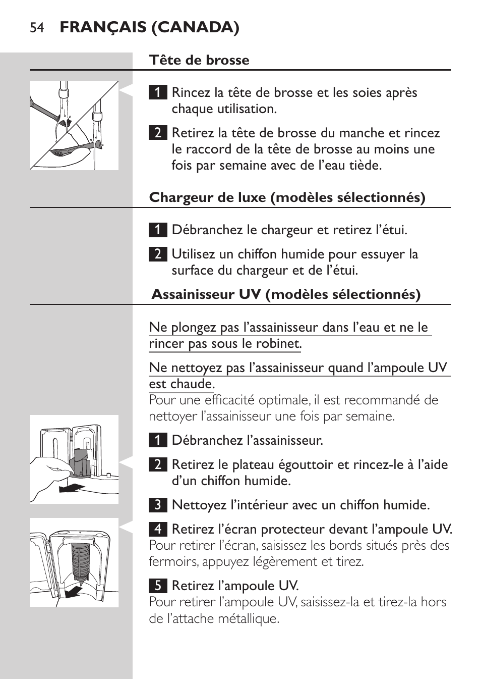 Philips Sonicare FlexCare Platinum Rechargeable sonic toothbrush FlexCare Platinum HX9170-10 3 modes 3 intensities 2 brush heads With pressure sensor UV Brush Head Sanitizer User Manual | Page 54 / 60