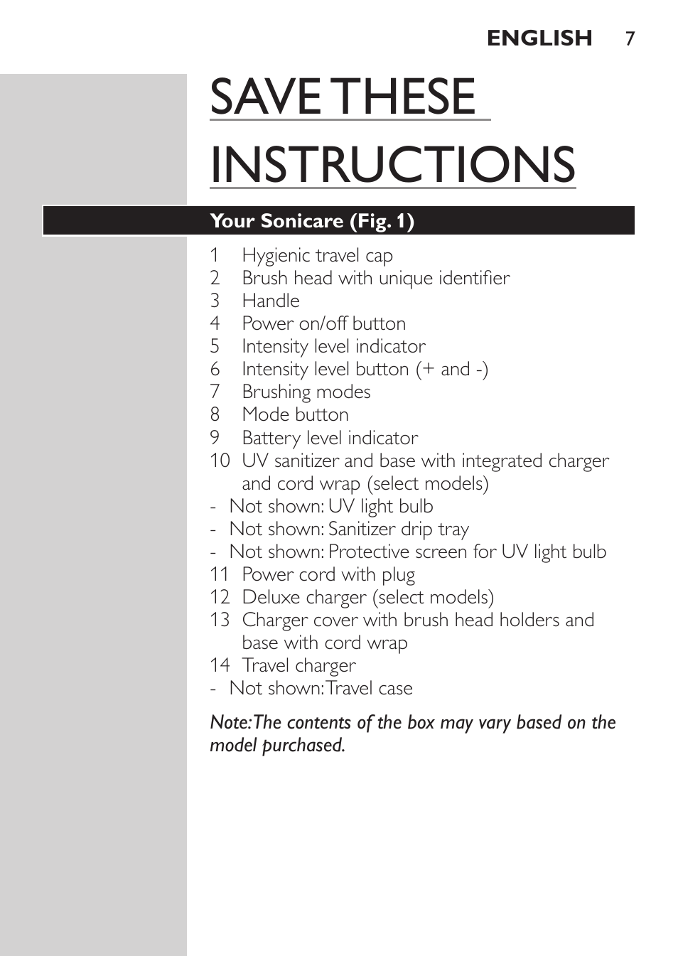 Save these instructions | Philips Sonicare FlexCare Platinum Rechargeable sonic toothbrush FlexCare Platinum HX9170-10 3 modes 3 intensities 2 brush heads With pressure sensor UV Brush Head Sanitizer User Manual | Page 7 / 60