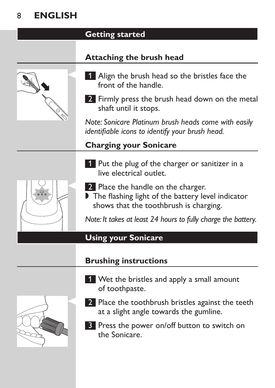 Philips Sonicare FlexCare Platinum Rechargeable sonic toothbrush FlexCare Platinum HX9170-10 3 modes 3 intensities 2 brush heads With pressure sensor UV Brush Head Sanitizer User Manual | Page 8 / 60