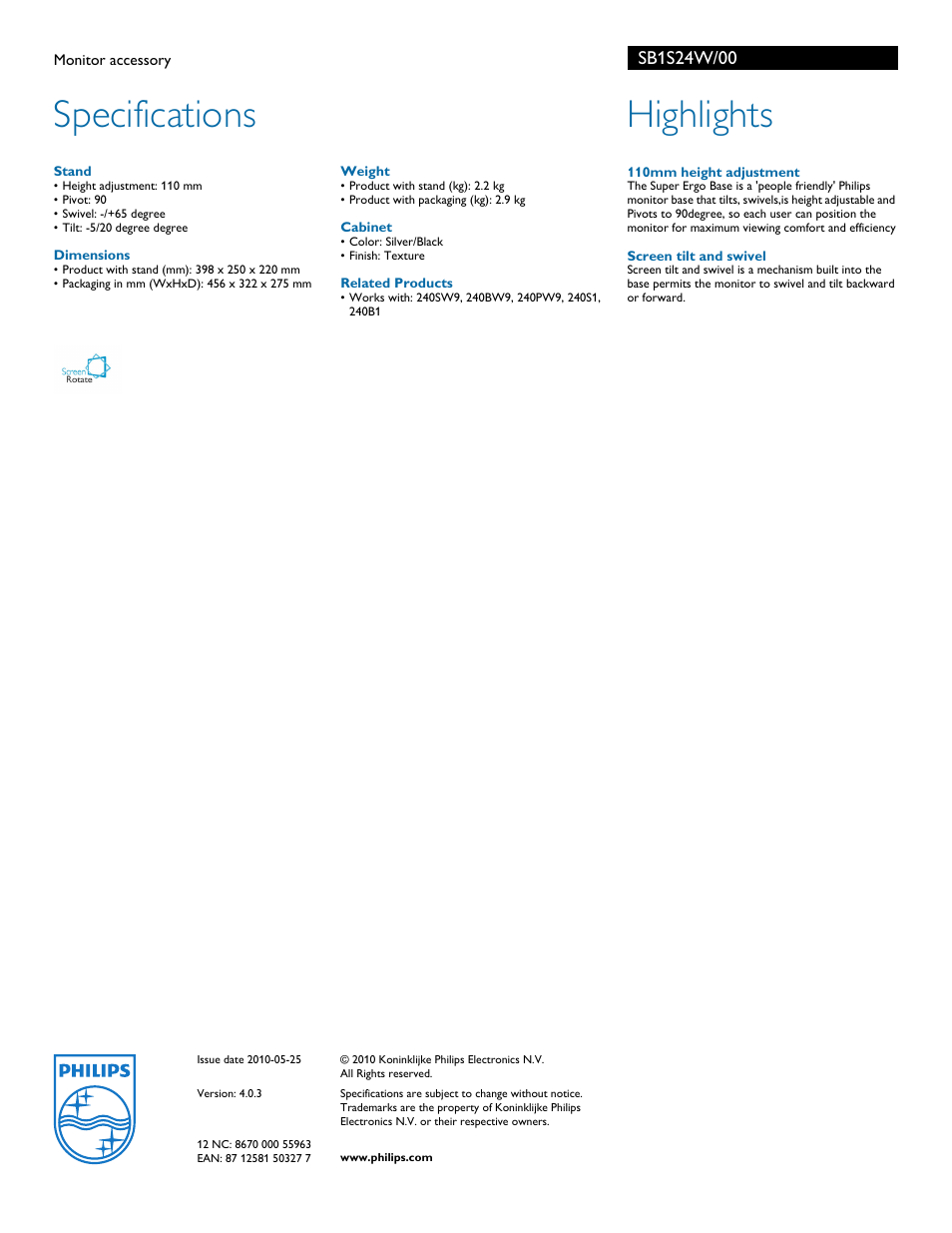 Specifications, Highlights | Philips SB1S24W-00 User Manual | Page 2 / 2