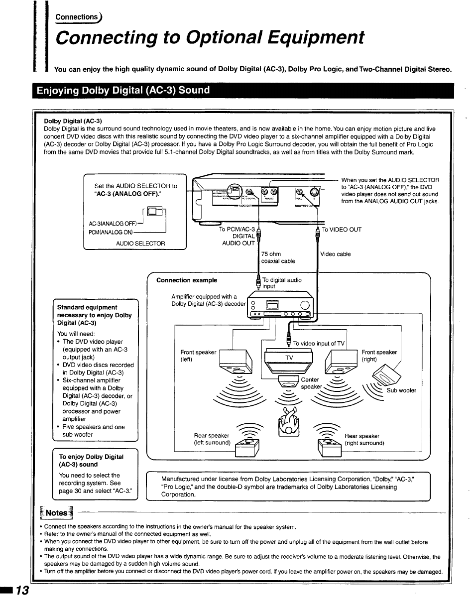 Enjoying dolby digital (ac-3) sound, Connecting to optional equipment, T 3 o | Philips DVD400AT99 User Manual | Page 13 / 41