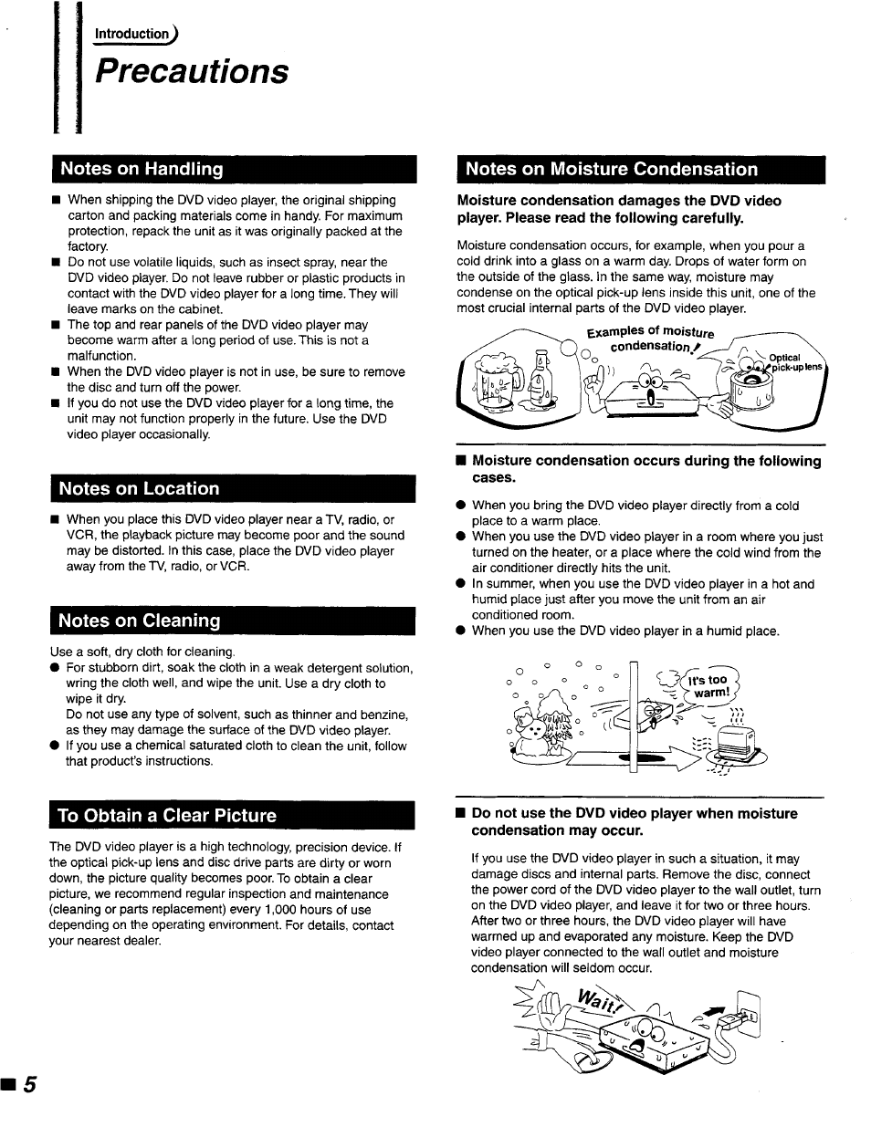 Notes on location, Notes on cleaning, Notes on moisture condensation | To obtain a clear picture, Precautions | Philips DVD400AT99 User Manual | Page 5 / 41