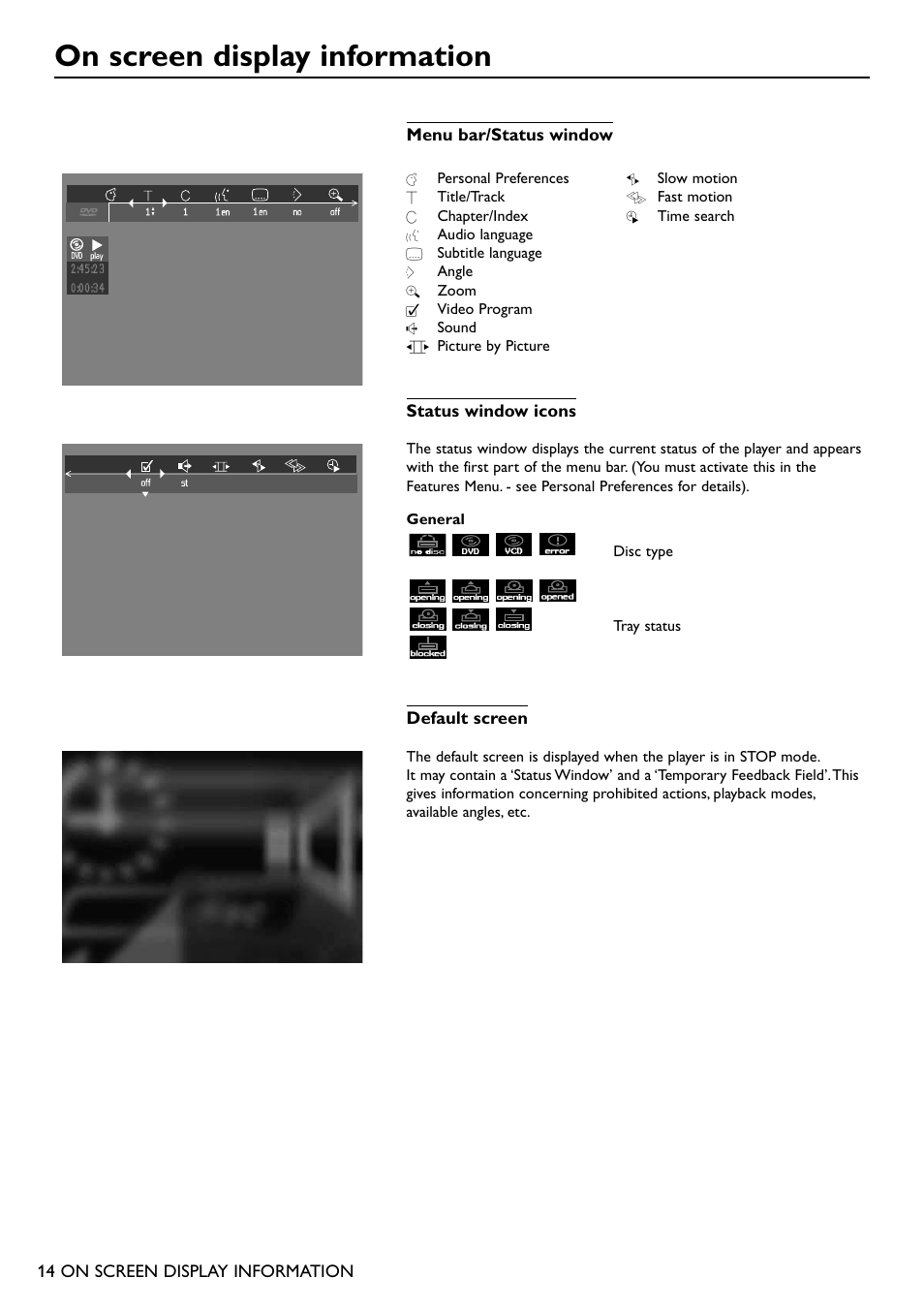 On screen display information | Philips DVD711AT98 User Manual | Page 14 / 36