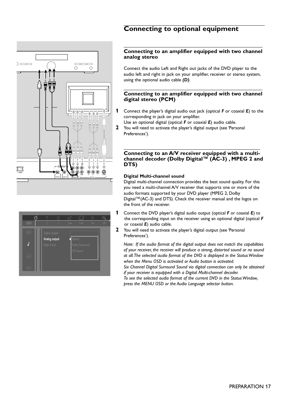 Connecting to optional equipment, Preparation 17, Tv amplifier | Philips DVD711AT98 User Manual | Page 17 / 36