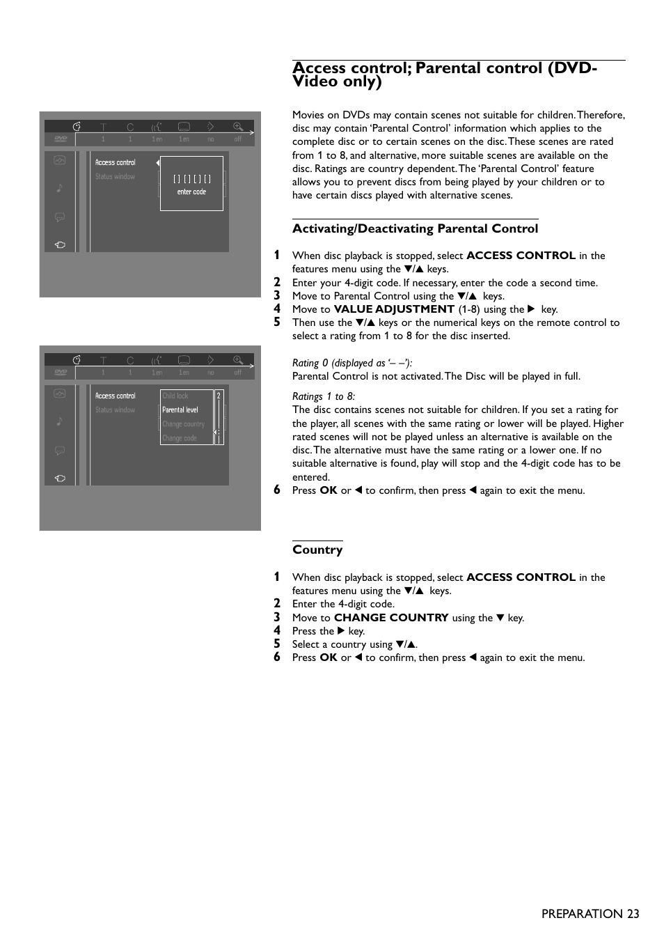 Access control; parental control (dvd- video only) | Philips DVD711AT98 User Manual | Page 23 / 36