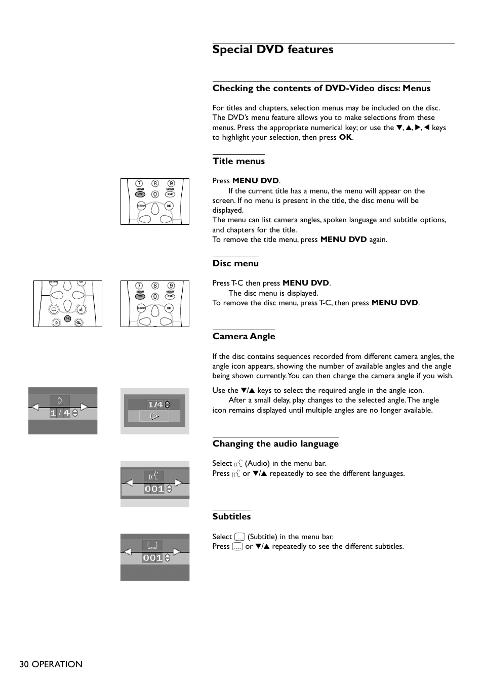 Special dvd features, 30 operation, Checking the contents of dvd-video discs: menus | Title menus, Disc menu, Camera angle, Changing the audio language, Subtitles | Philips DVD711AT98 User Manual | Page 30 / 36