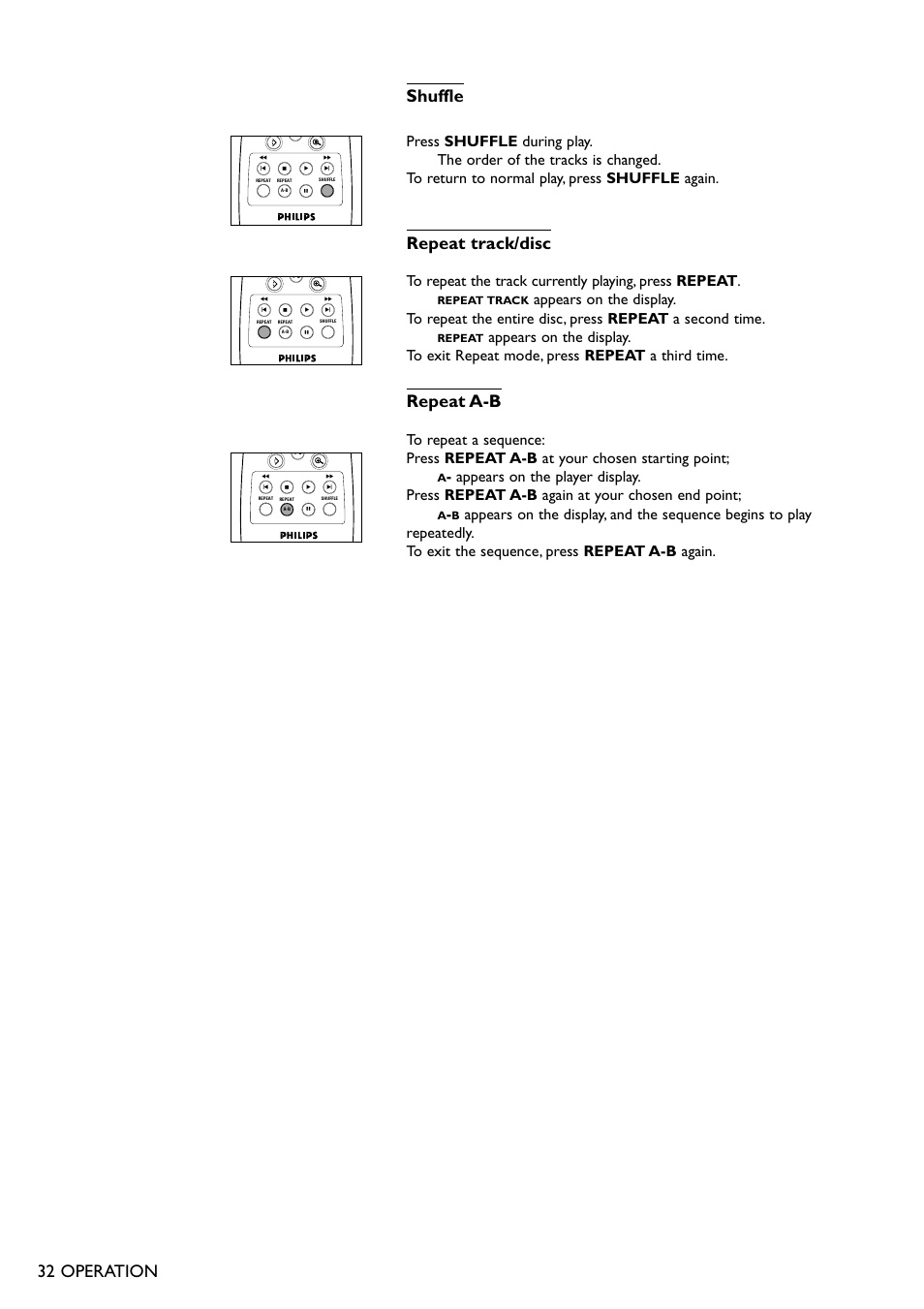 32 operation shuffle, Repeat track/disc, Repeat a-b | Philips DVD711AT98 User Manual | Page 32 / 36