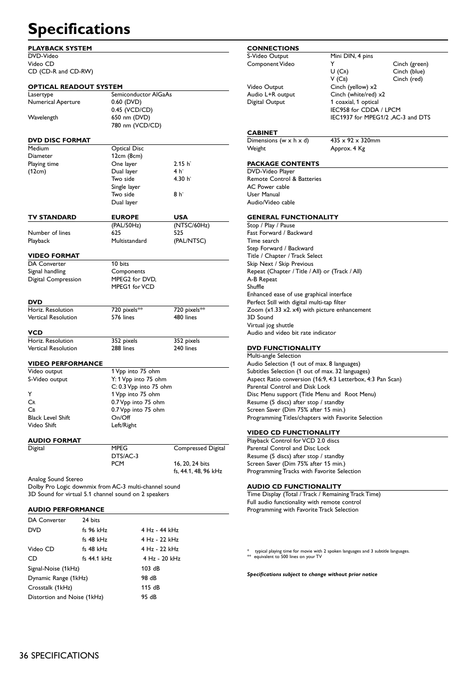 Specifications, 36 specifications | Philips DVD711AT98 User Manual | Page 36 / 36