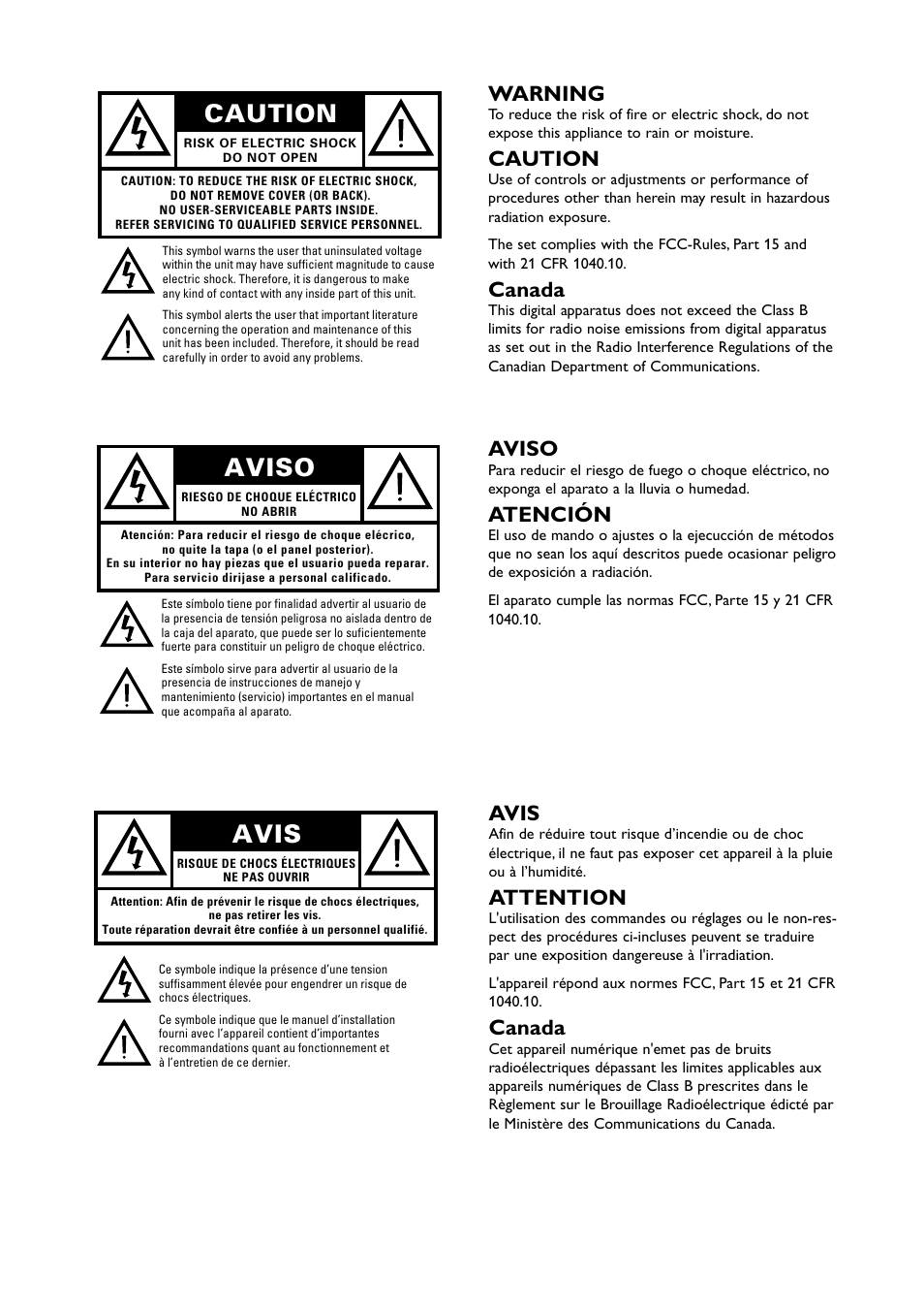 Caution, Avis, Aviso | Warning, Canada, Attention, Atención | Philips DVD711AT98 User Manual | Page 4 / 36