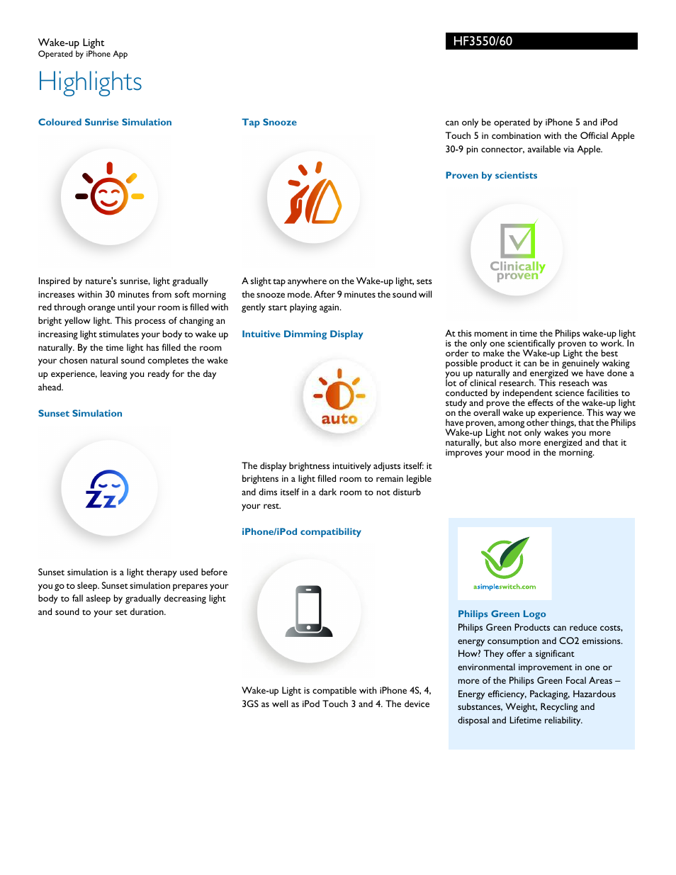 Highlights | Philips Wake-up Light HF3550 Operated by iPhone App User Manual | Page 2 / 3