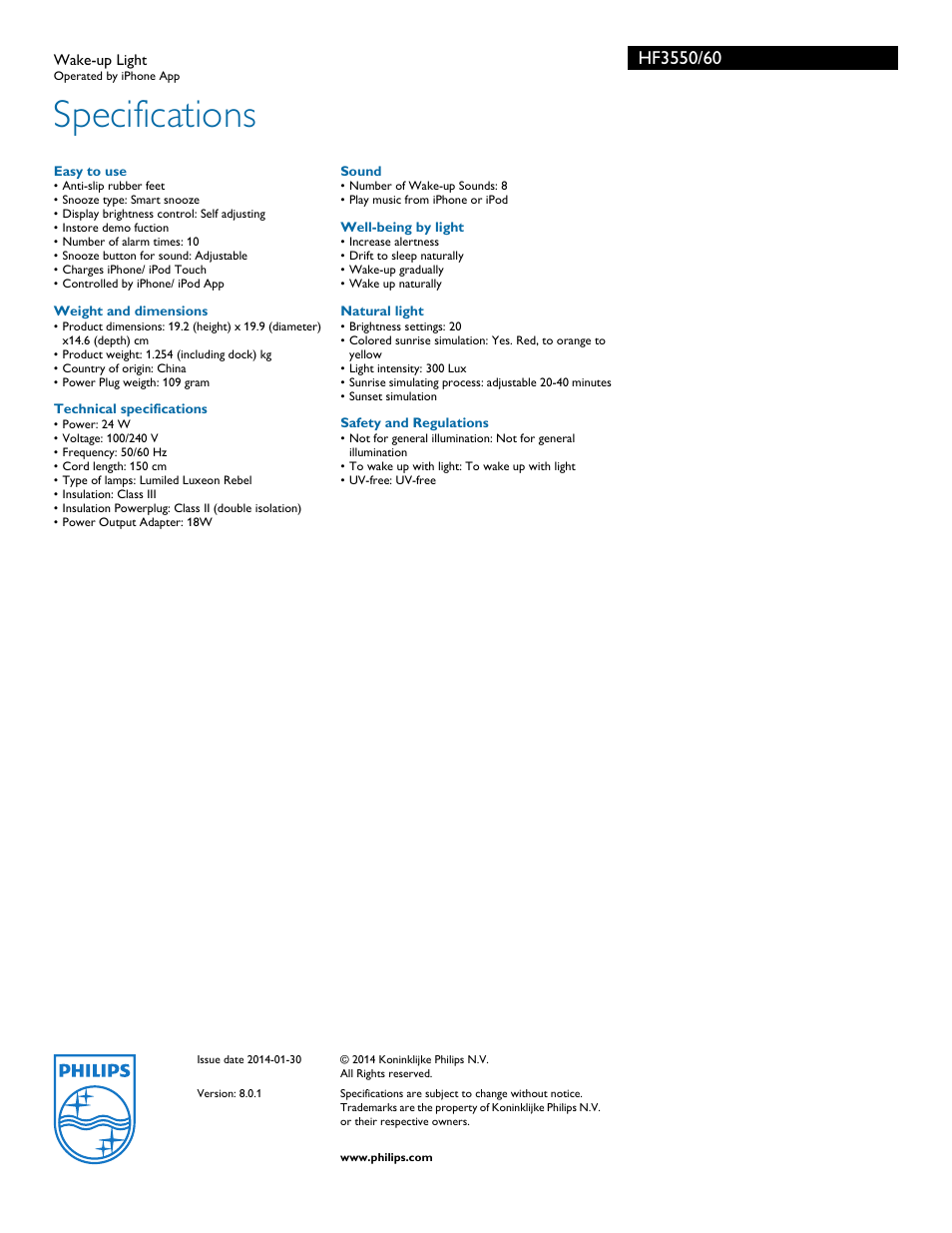 Specifications | Philips Wake-up Light HF3550 Operated by iPhone App User Manual | Page 3 / 3