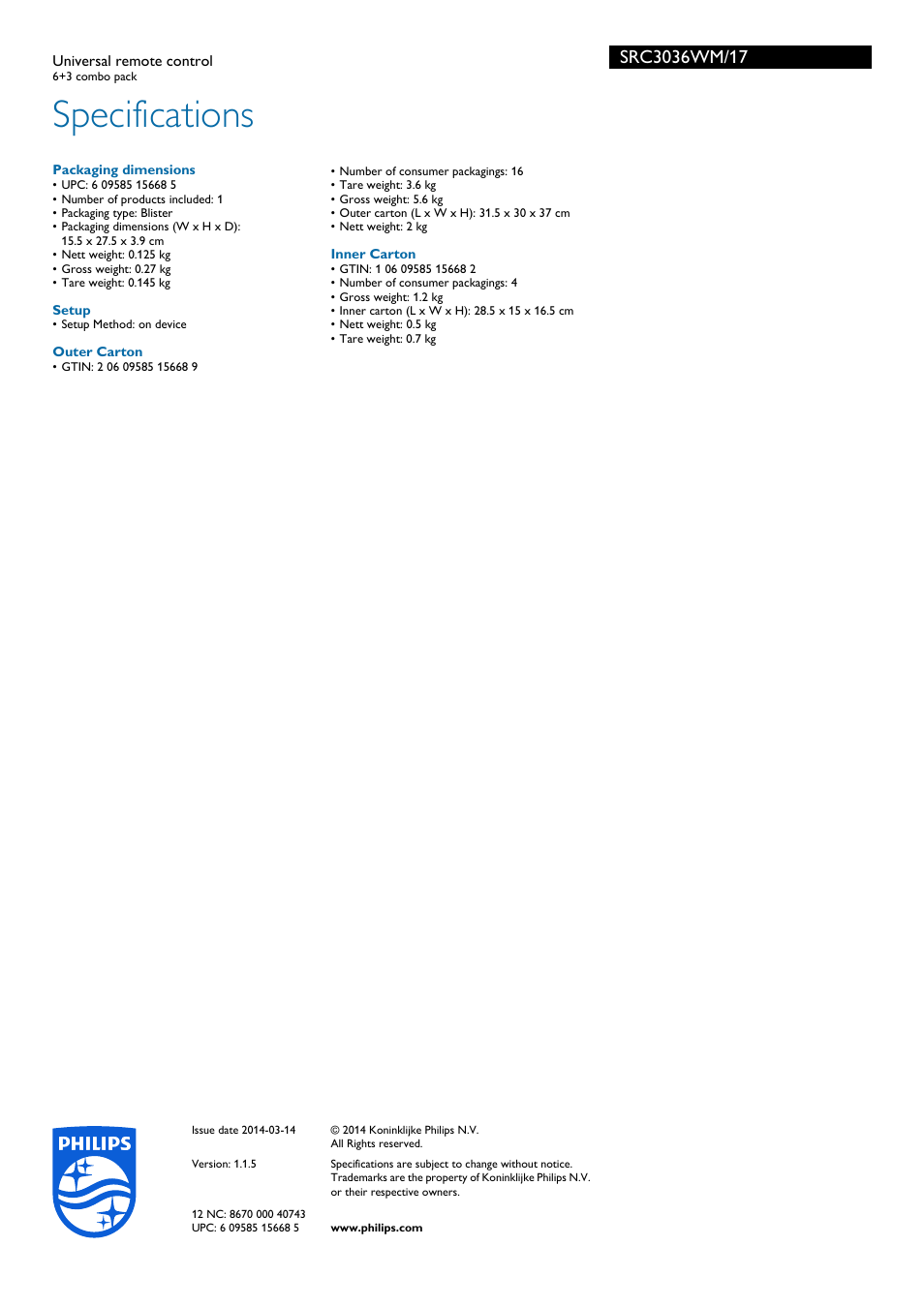 Specifications | Philips SRC3036WM-17 User Manual | Page 2 / 2