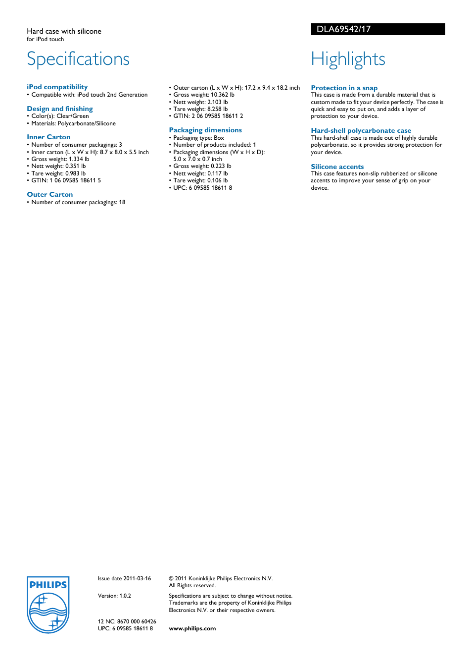 Specifications, Highlights | Philips DLA69542-17 User Manual | Page 2 / 2