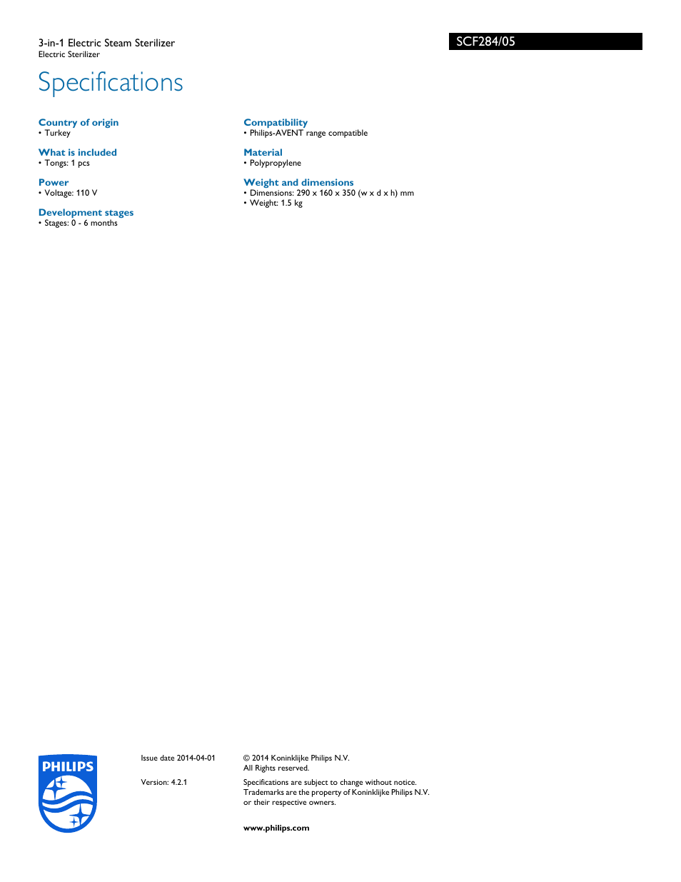 Specifications | Philips SCF284-05 User Manual | Page 3 / 3