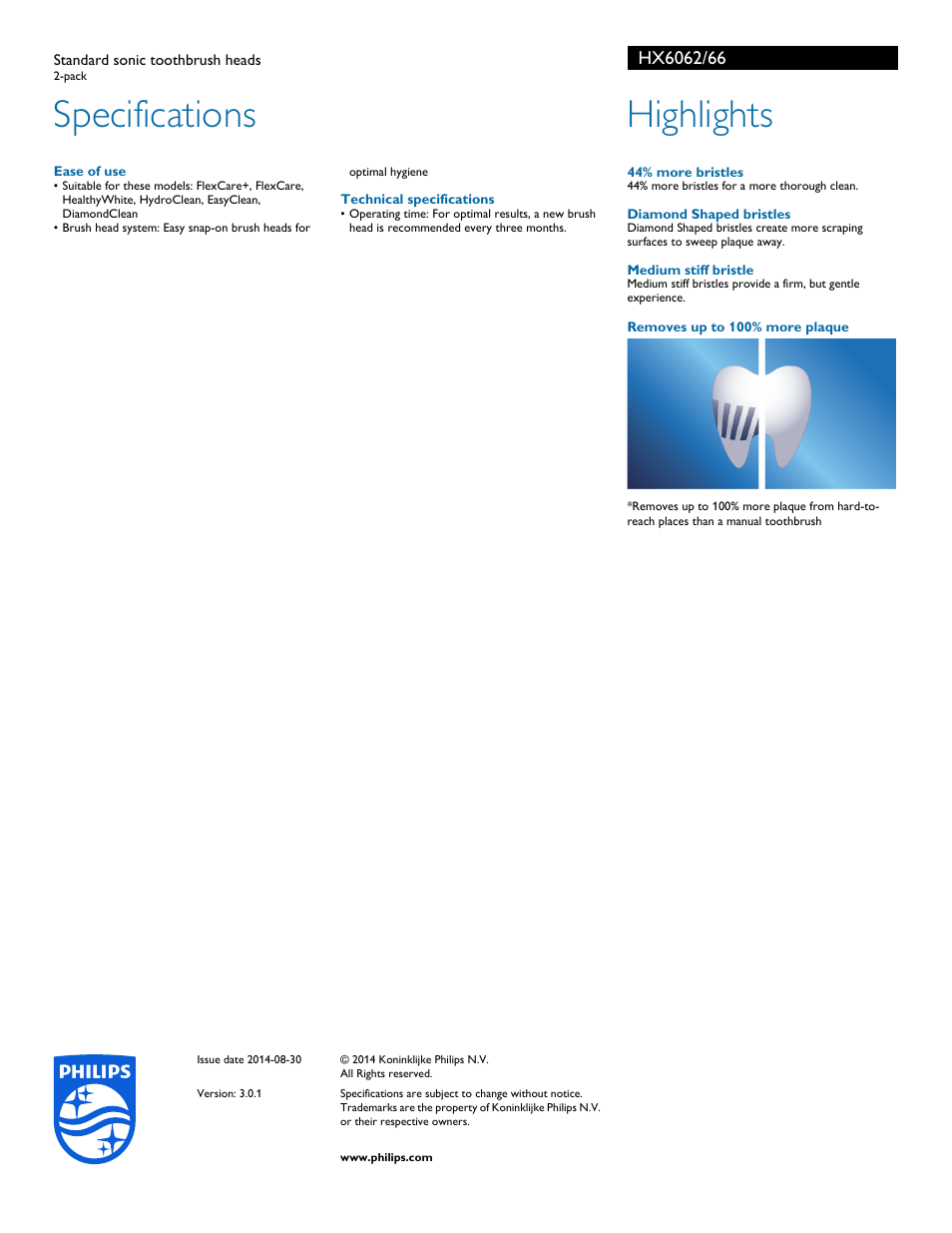 Specifications, Highlights | Philips HX6062-66 User Manual | Page 2 / 2