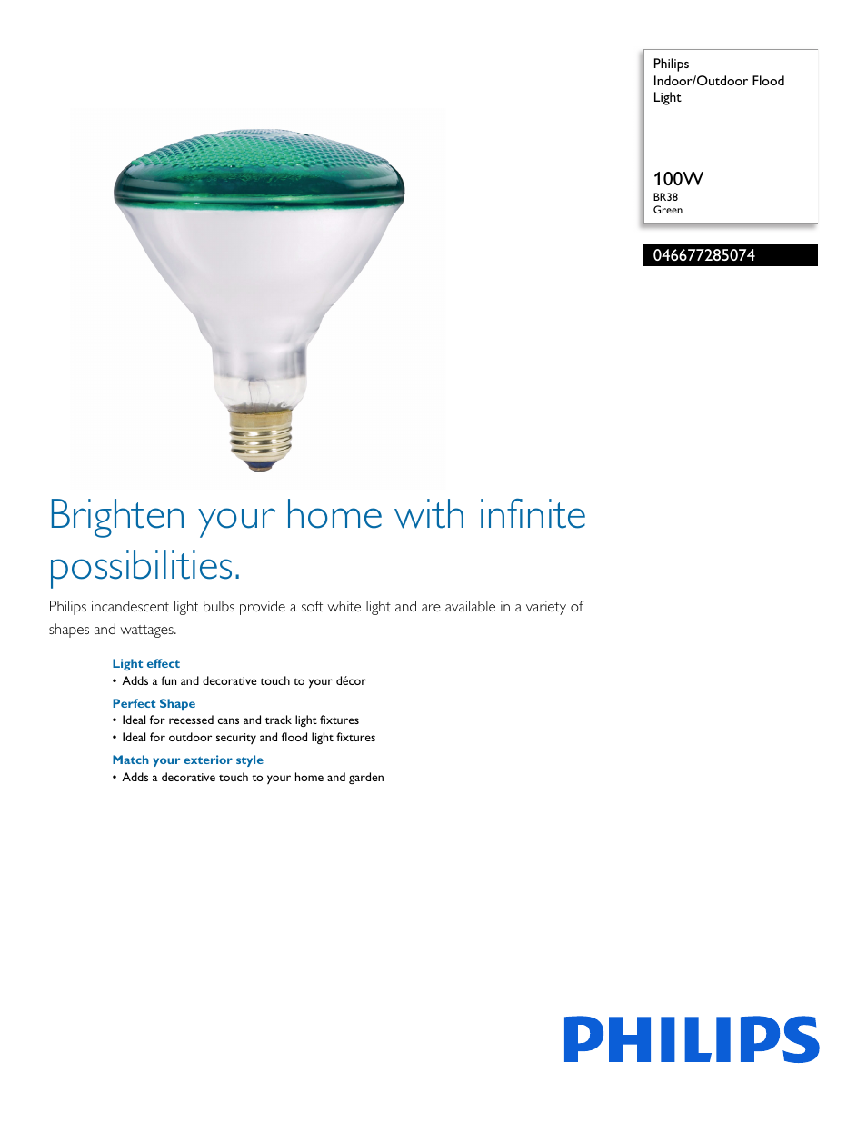 Philips Indoor-Outdoor Flood Light 046677285074 100W BR38 Green User Manual | 2 pages