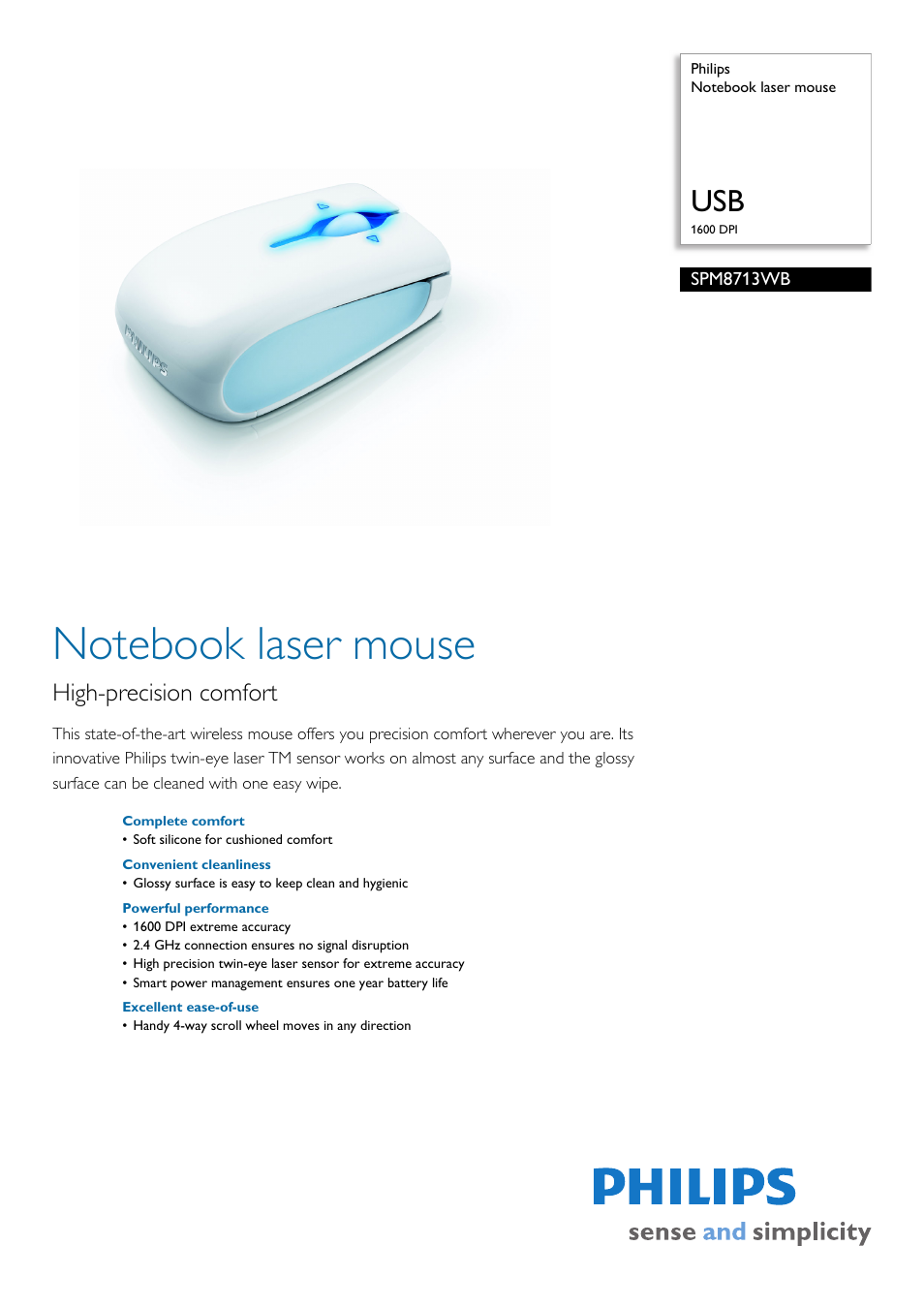 Philips Notebook laser mouse SPM8713WB USB 1600 DPI User Manual | 2 pages