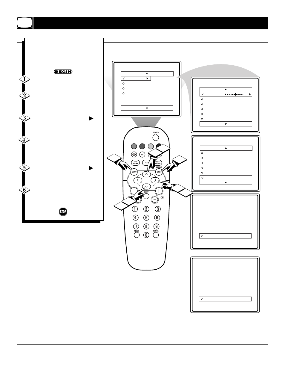 Ow to, Se the, Ontrast | Lack, Tretch, Ontrol | Philips 13" Mono Color TV w- REmote Control User Manual | Page 16 / 37