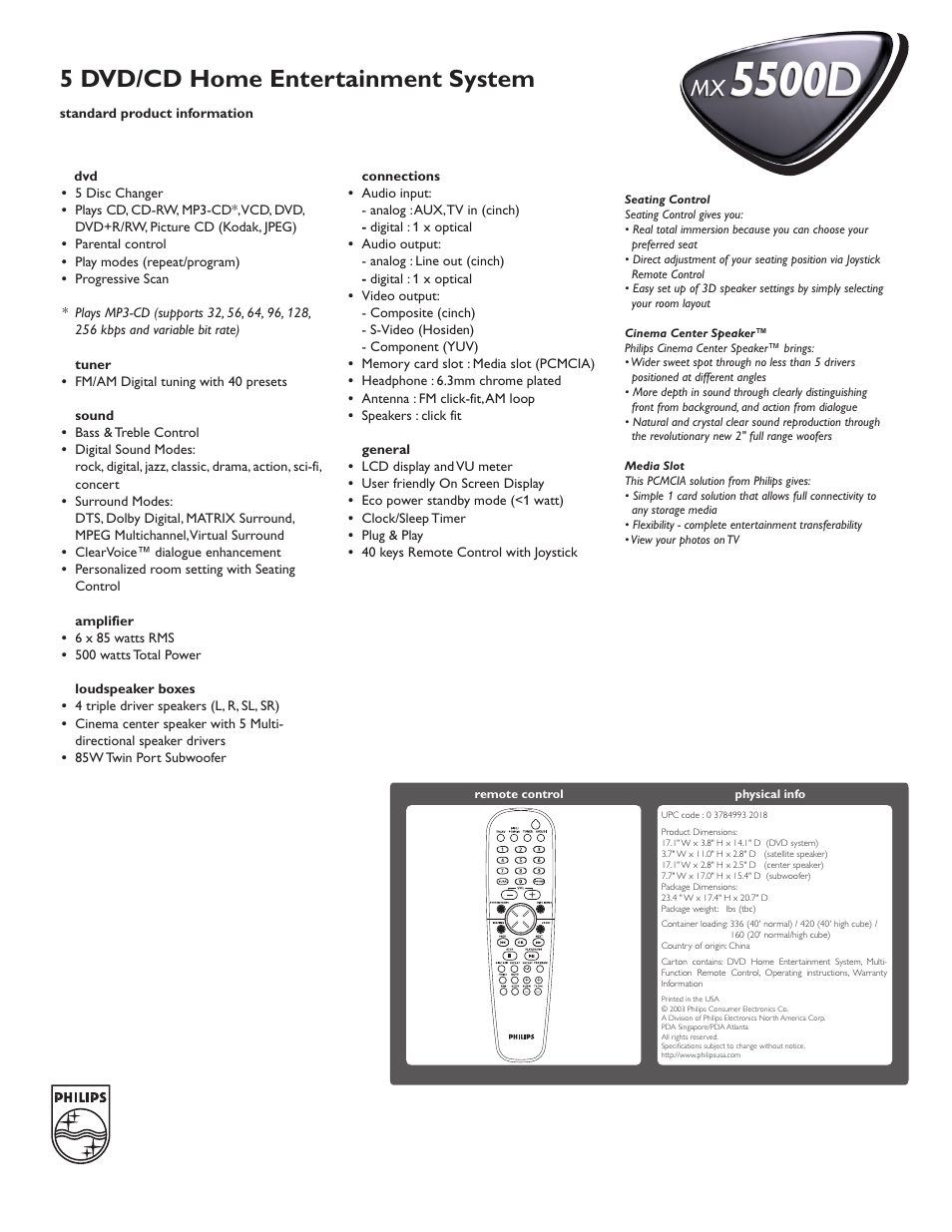 5500d, 5 dvd/cd home entertainment system | Philips MX5500D-99 User Manual | Page 2 / 2