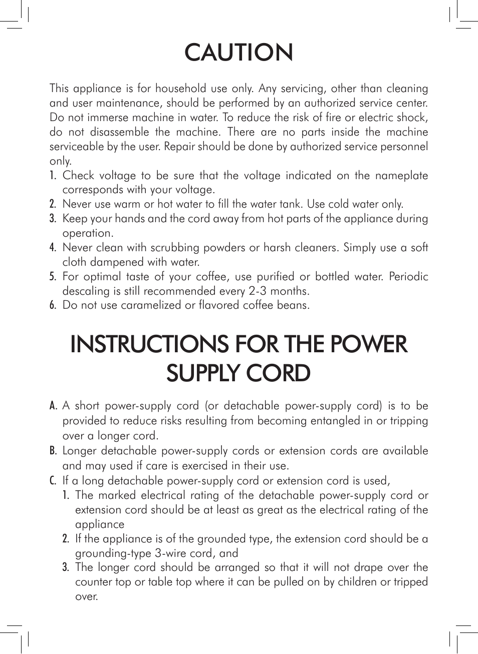 Caution, Instructions for the power supply cord | Philips HD8745-47 User Manual | Page 3 / 48