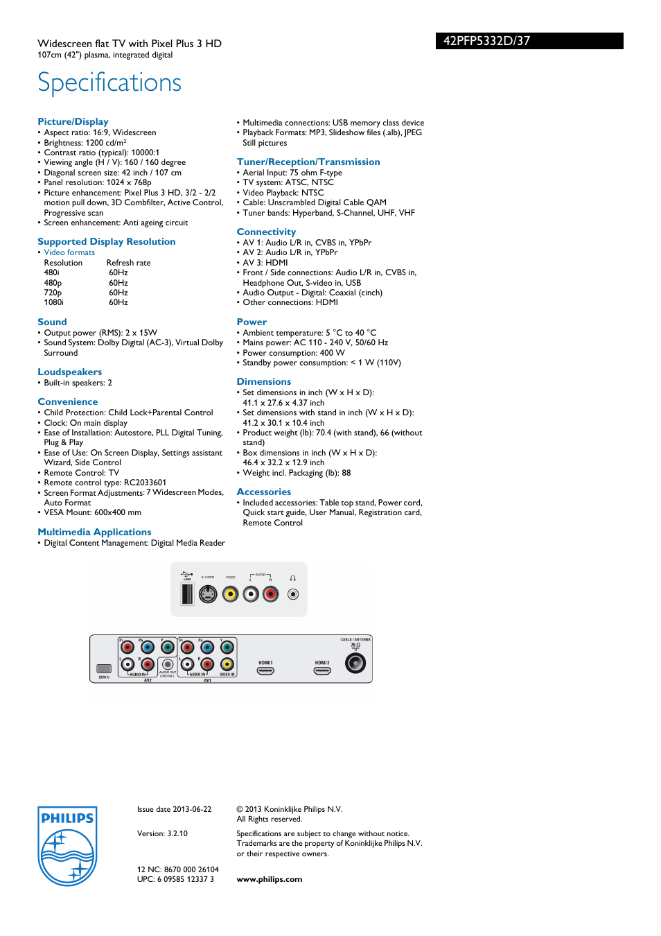 Specifications | Philips 42PFP5332D-37E User Manual | Page 3 / 3