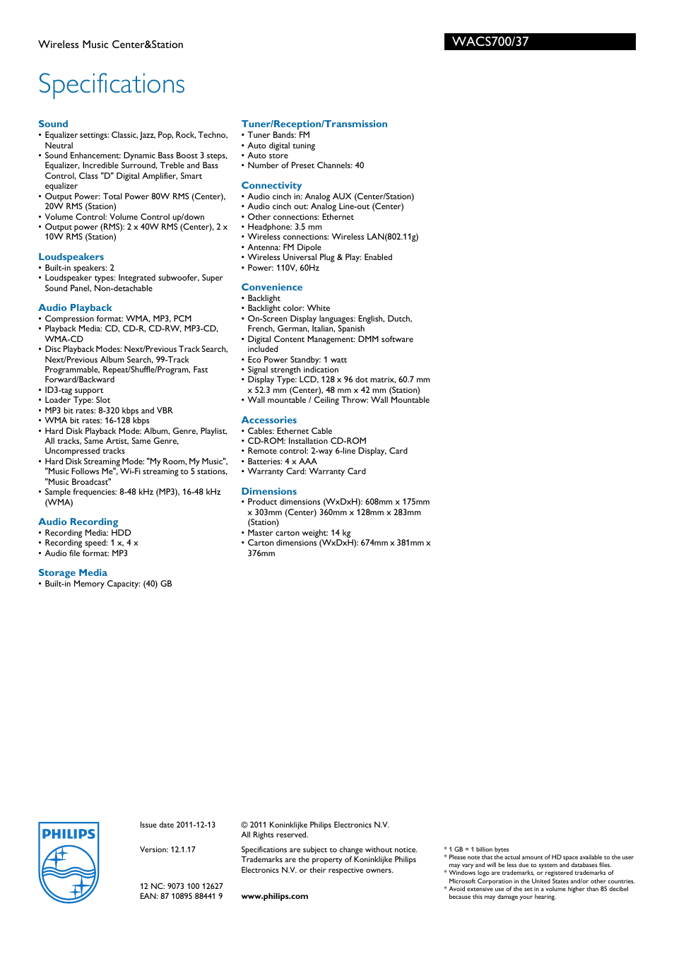 Specifications | Philips WACS700-37 User Manual | Page 3 / 3