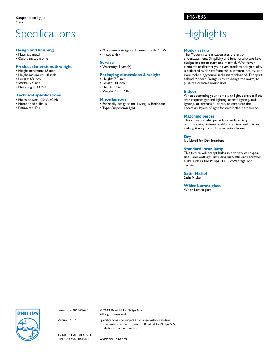 Specifications, Highlights | Philips F167836 User Manual | Page 2 / 2