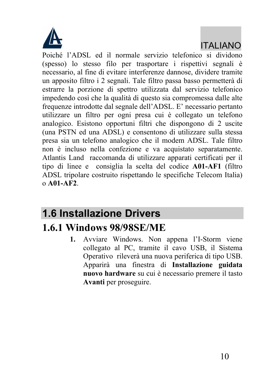 Italiano | Atlantis Land I-Storm USB ADSL modem A01-AU2 User Manual | Page 10 / 83