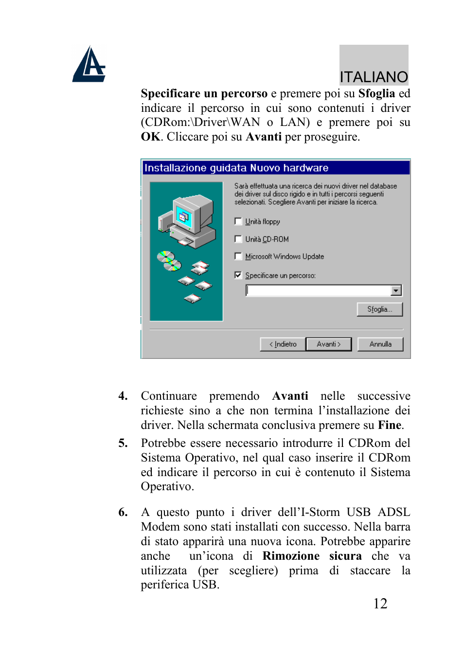 Italiano | Atlantis Land I-Storm USB ADSL modem A01-AU2 User Manual | Page 12 / 83