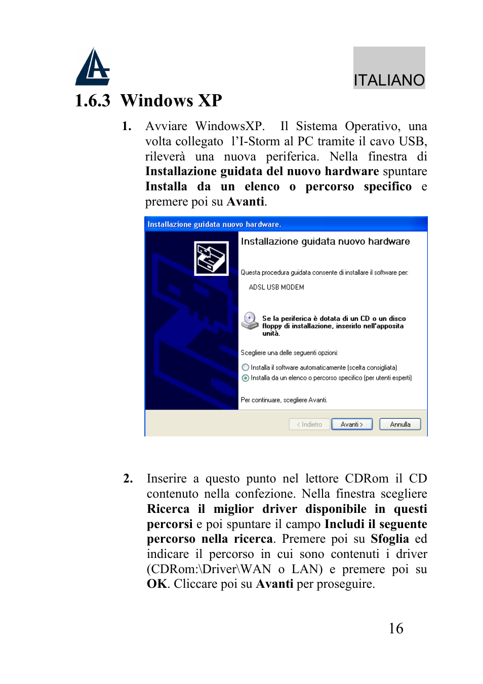 3 windows xp, Italiano | Atlantis Land I-Storm USB ADSL modem A01-AU2 User Manual | Page 16 / 83